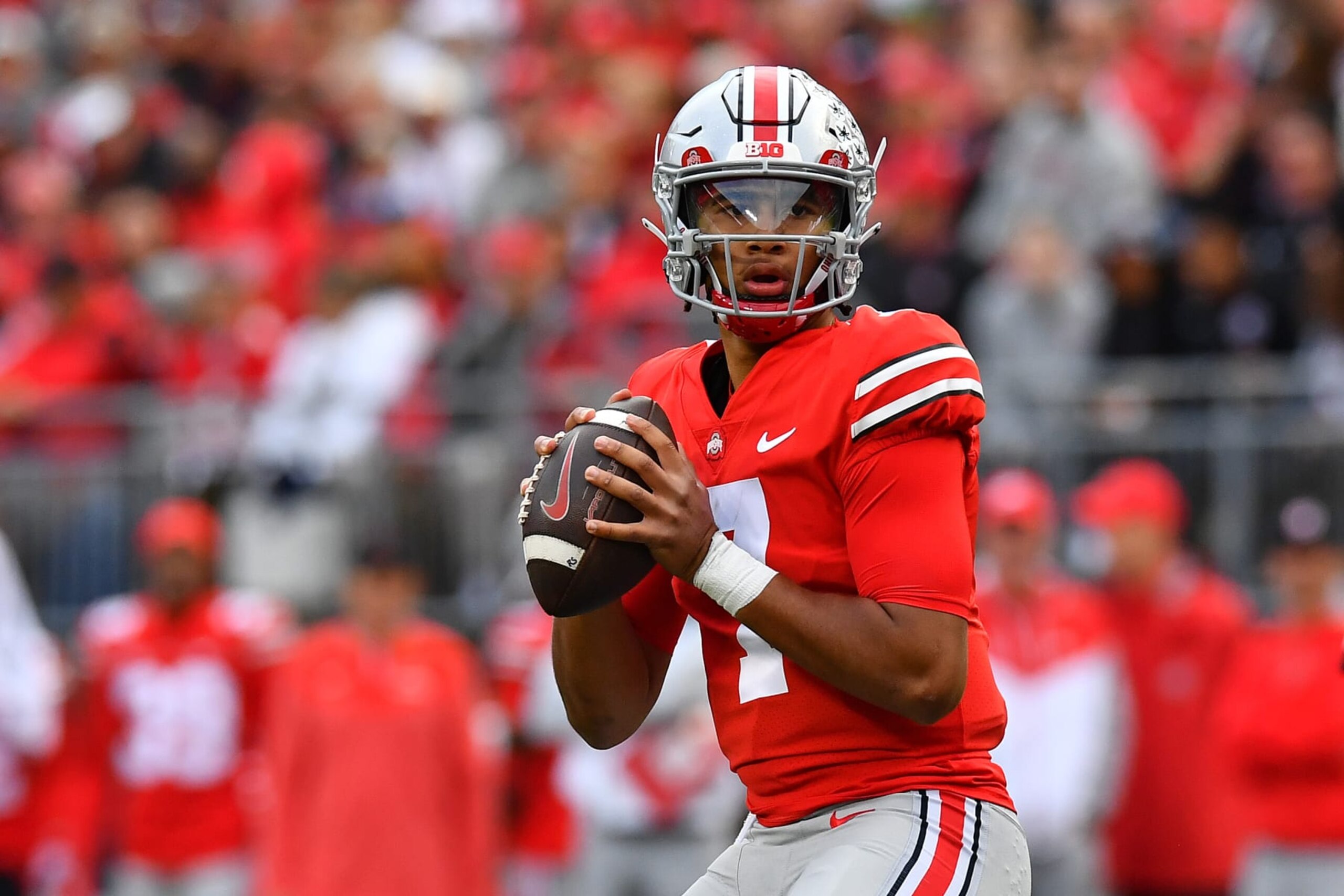 COLUMBUS, OHIO - OCTOBER 01: C.J. Stroud #7 of the Ohio State Buckeyes looks to pass during the third quarter of a game against the Rutgers Scarlet Knights at Ohio Stadium on October 01, 2022 in Columbus, Ohio. (Photo by Ben Jackson/Getty Images) COLUMBUS, OHIO - OCTOBER 01: C.J. Stroud #7 of the Ohio State Buckeyes looks to pass during the third quarter of a game against the Rutgers Scarlet Knights at Ohio Stadium on October 01, 2022 in Columbus, Ohio. (Photo by Ben Jackson/Getty Images)