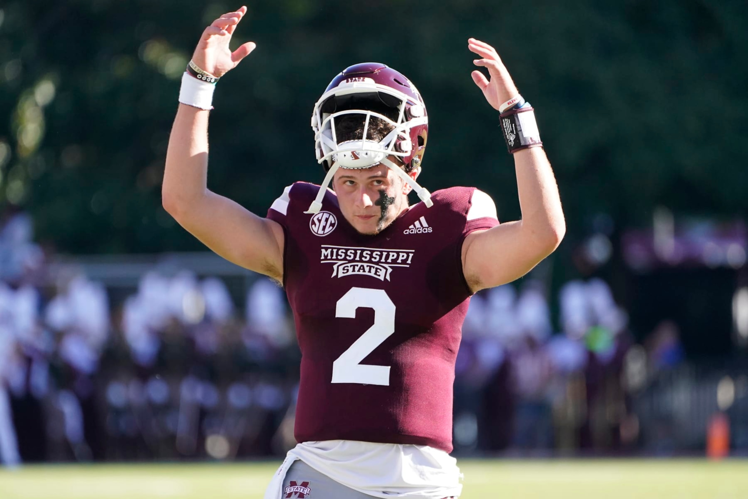 Mississippi State quarterback Will Rogers gestures for a touchdown signal from the officials during the second half of an NCAA college football game against Texas A&M in Starkville, Miss., Saturday, Oct. 1, 2022. (AP Photo/Rogelio V. Solis) Mississippi State quarterback Will Rogers gestures for a touchdown signal from the officials during the second half of an NCAA college football game against Texas A&M in Starkville, Miss., Saturday, Oct. 1, 2022. (AP Photo/Rogelio V. Solis)