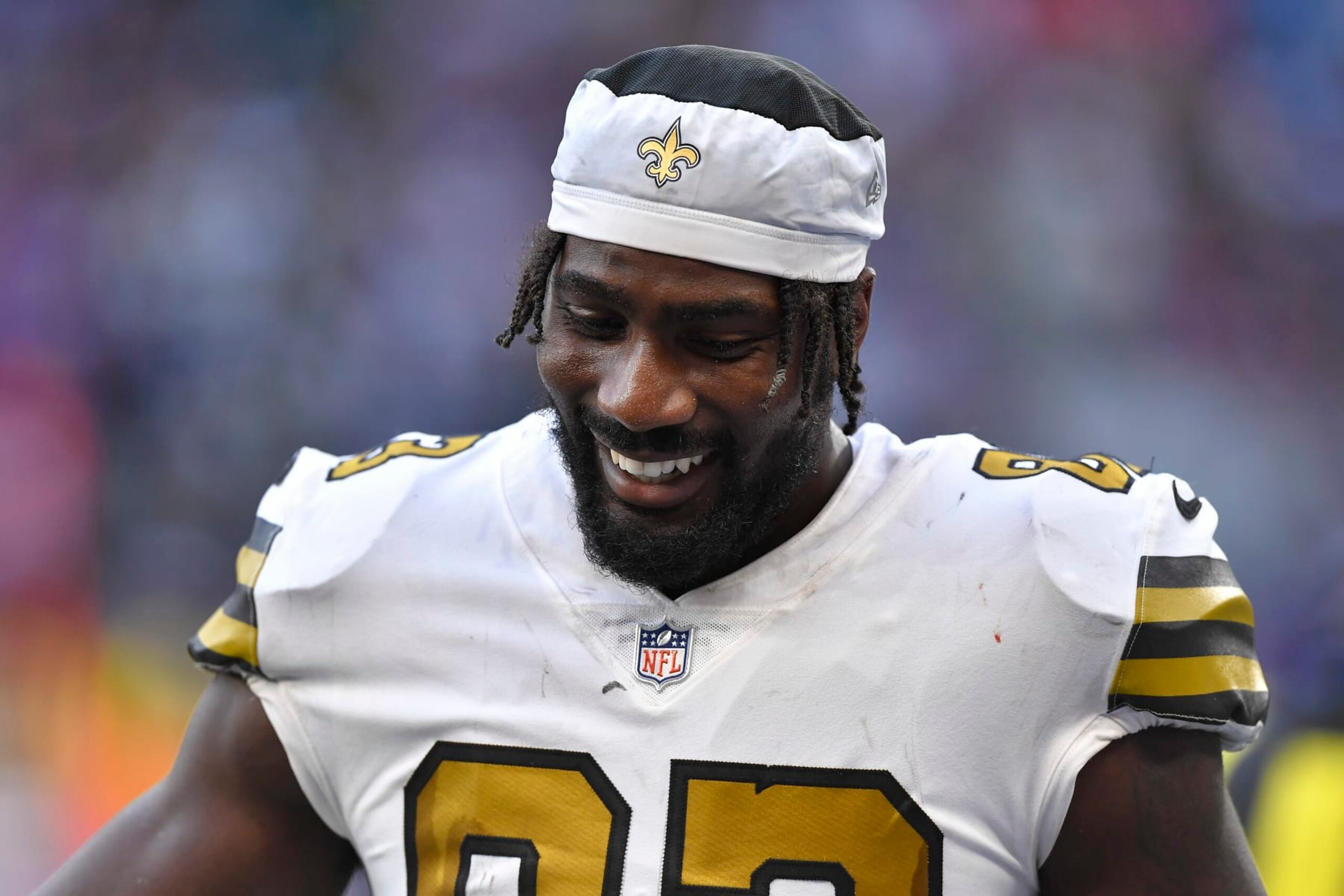 LONDON, ENGLAND - OCTOBER 02: Juwan Johnson of New Orleans Saints looks on during the NFL match between Minnesota Vikings v New Orleans Saints at Tottenham Hotspur Stadium on October 2, 2022 in London, England. (Photo by Vincent Mignott/DeFodi Images via Getty Images)