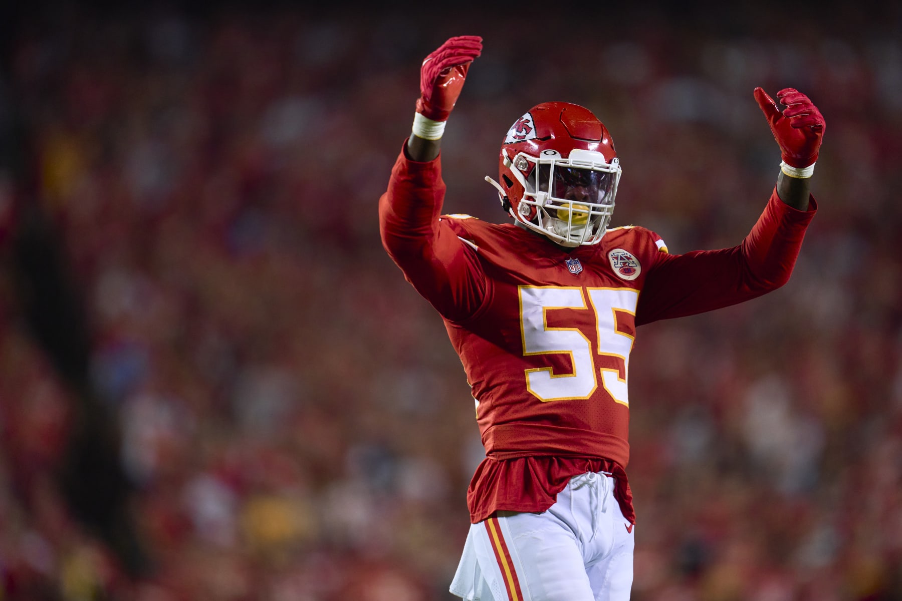 KANSAS CITY, MO - SEPTEMBER 15: Frank Clark #55 of the Kansas City Chiefs gestures to the crowd against the Los Angeles Chargers at GEHA Field at Arrowhead Stadium on September 15, 2022 in Kansas City, Missouri. (Photo by Cooper Neill/Getty Images)
