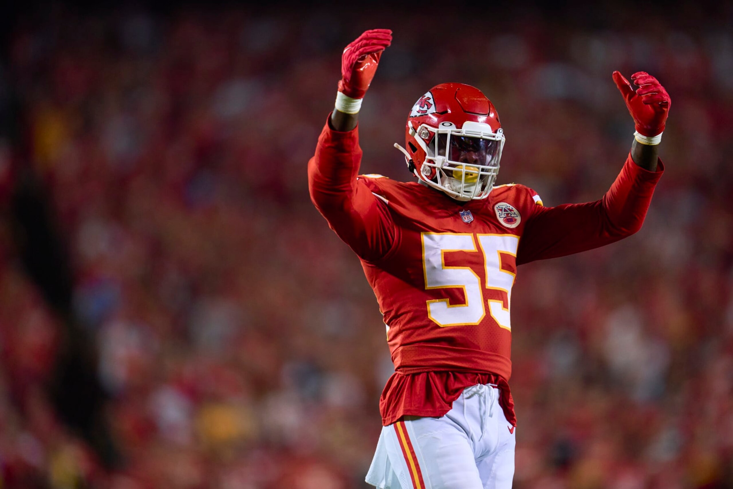 KANSAS CITY, MO - SEPTEMBER 15: Frank Clark #55 of the Kansas City Chiefs gestures to the crowd against the Los Angeles Chargers at GEHA Field at Arrowhead Stadium on September 15, 2022 in Kansas City, Missouri. (Photo by Cooper Neill/Getty Images)