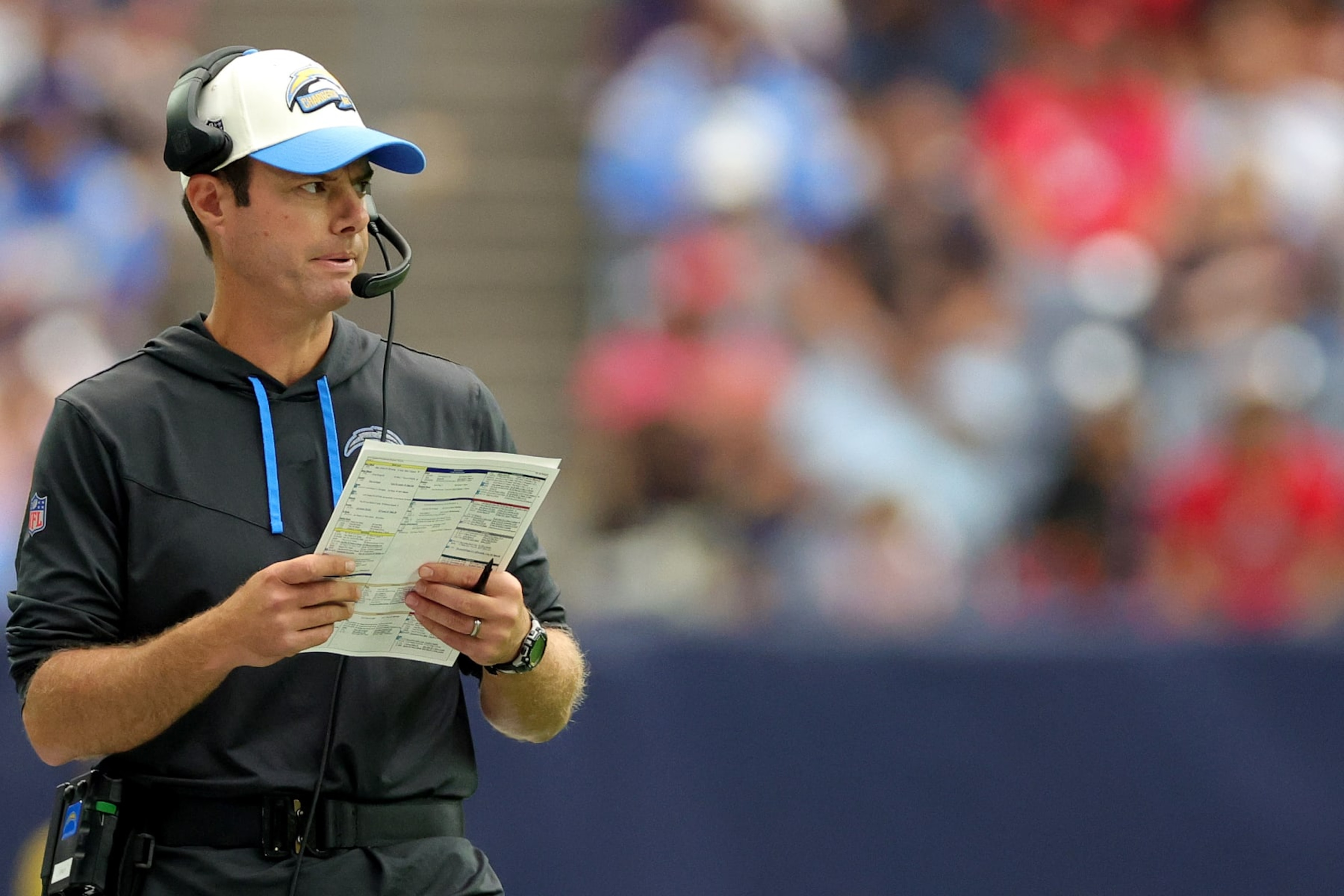 HOUSTON, TEXAS - OCTOBER 02: Head coach Brandon Staley of the Los Angeles Chargers looks on in the second quarter against the Houston Texans at NRG Stadium on October 02, 2022 in Houston, Texas. (Photo by Carmen Mandato/Getty Images)