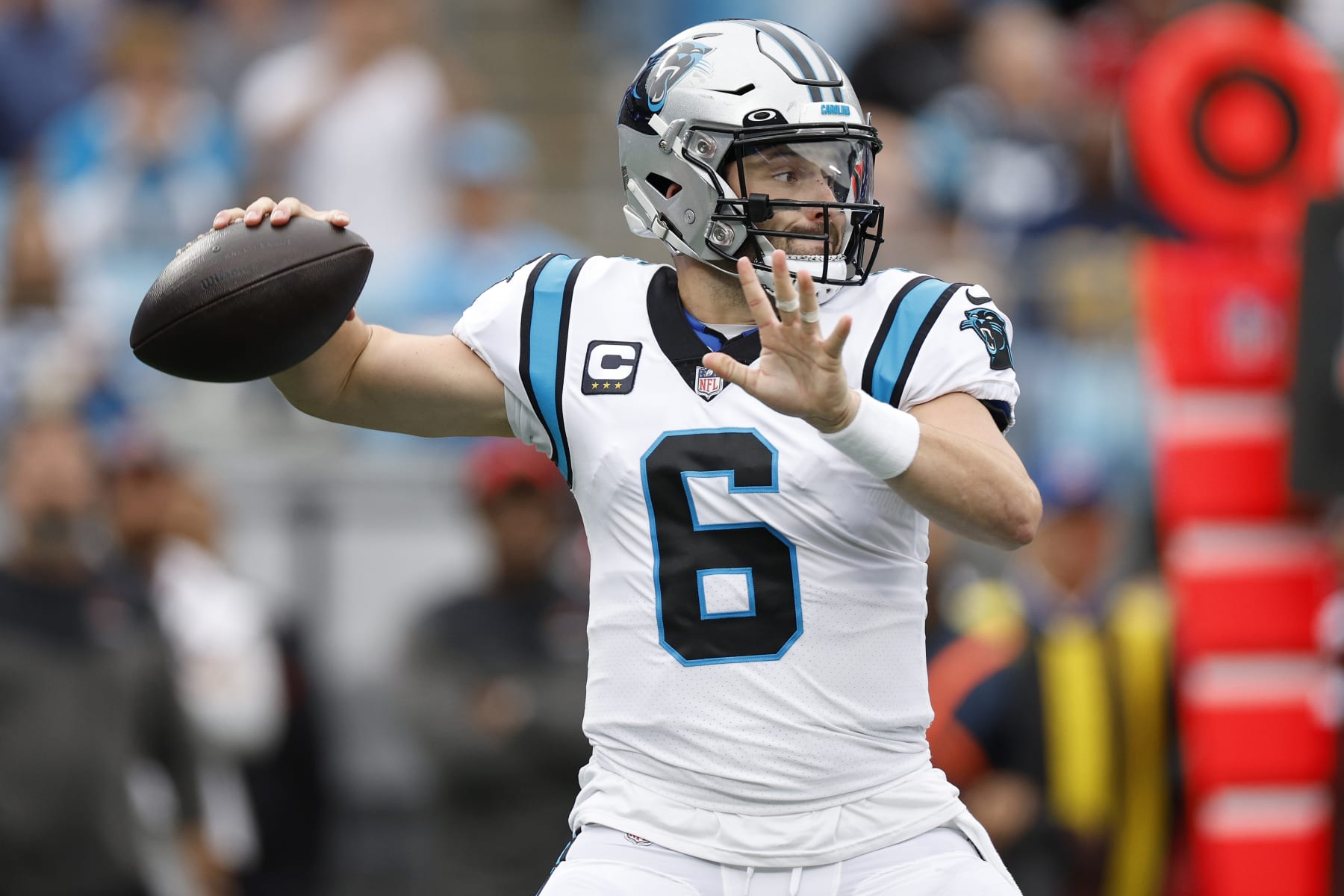 CHARLOTTE, NORTH CAROLINA - OCTOBER 02: Baker Mayfield #6 of the Carolina Panthers looks for a pass against the Arizona Cardinals during the first quarter at Bank of America Stadium on October 02, 2022 in Charlotte, North Carolina. (Photo by Jared C. Tilton/Getty Images)