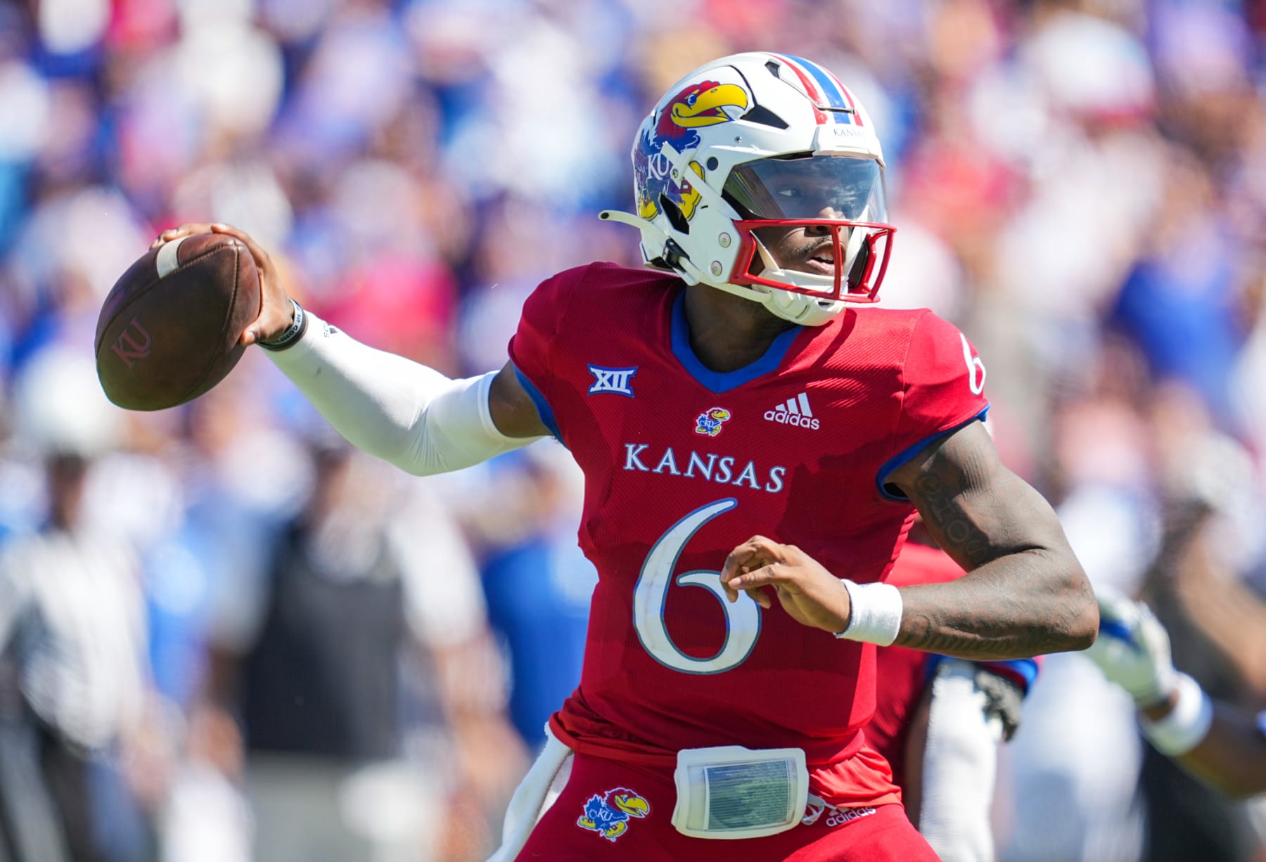 LAWRENCE, KS - SEPTEMBER 24: Jalon Daniels #6 of the Kansas Jayhawks throws a pass during the second half against the Duke Blue Devils at David Booth Kansas Memorial Stadium on September 24, 2022 in Lawrence, Kansas. Kansas defeated Duke 35-27. (Photo by Jay Biggerstaff/Getty Images)