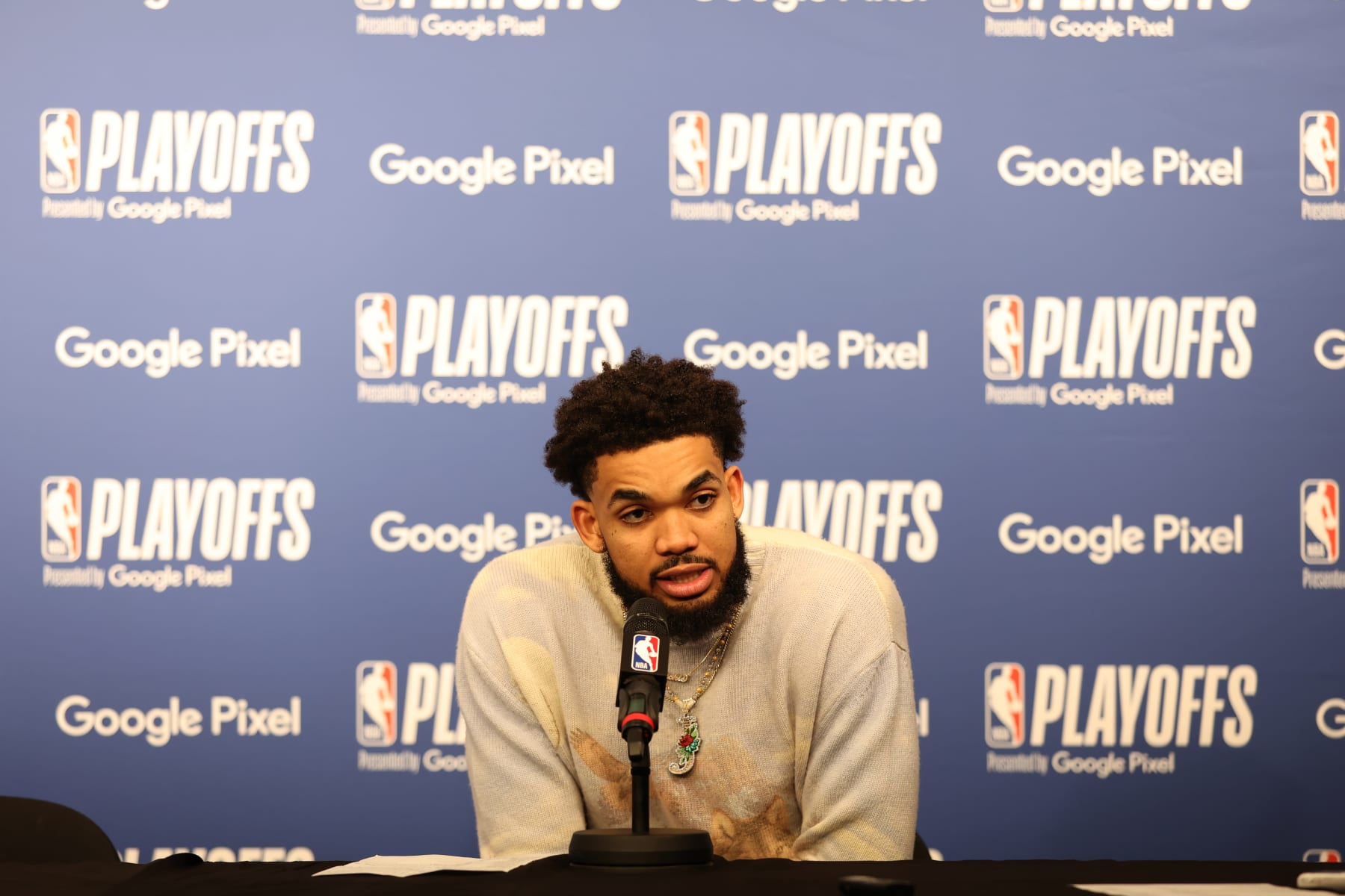 MINNEAPOLIS, MN -  APRIL 29: Karl-Anthony Towns #32 of the Minnesota Timberwolves talks to the media after Round 1 Game 6 of the 2022 NBA Playoffs on April 29, 2022 at Target Center in Minneapolis, Minnesota. NOTE TO USER: User expressly acknowledges and agrees that, by downloading and or using this Photograph, user is consenting to the terms and conditions of the Getty Images License Agreement. Mandatory Copyright Notice: Copyright 2022 NBAE (Photo by David Sherman/NBAE via Getty Images)