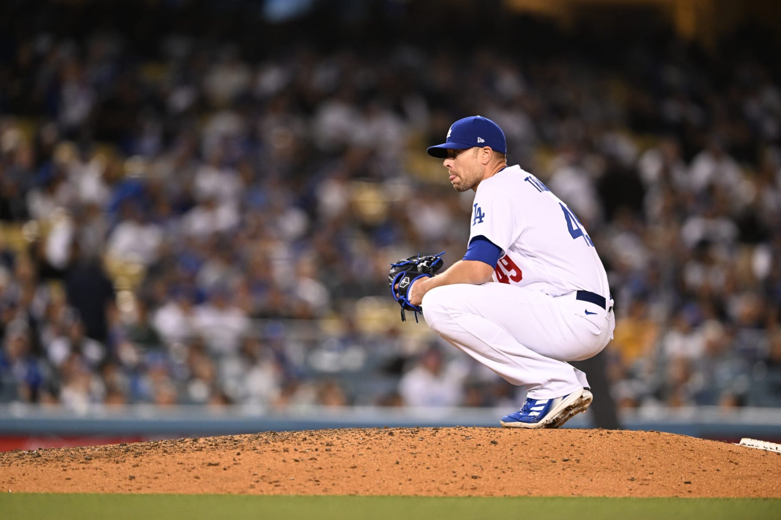 LOS ANGELES, CA - APRIL 14: Blake Treinen #49 of the Los Angeles Dodgers looks on from the mound during the game between the Cincinnati Reds and the Los Angeles Dodgers at Dodgers Stadium on Thursday, April 14, 2022 in Los Angeles, California. (Photo by Robert Beck/MLB Photos via Getty Images)