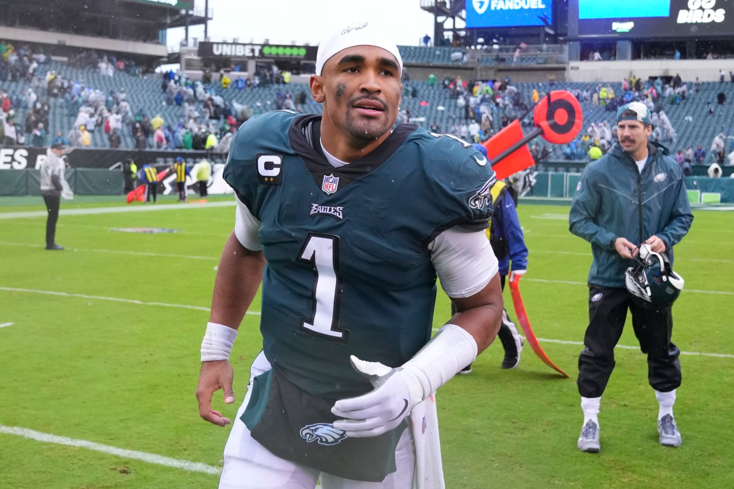 PHILADELPHIA, PA - OCTOBER 02: Jalen Hurts #1 of the Philadelphia Eagles looks on after the game against the Jacksonville Jaguars at Lincoln Financial Field on October 2, 2022 in Philadelphia, Pennsylvania. (Photo by Mitchell Leff/Getty Images)