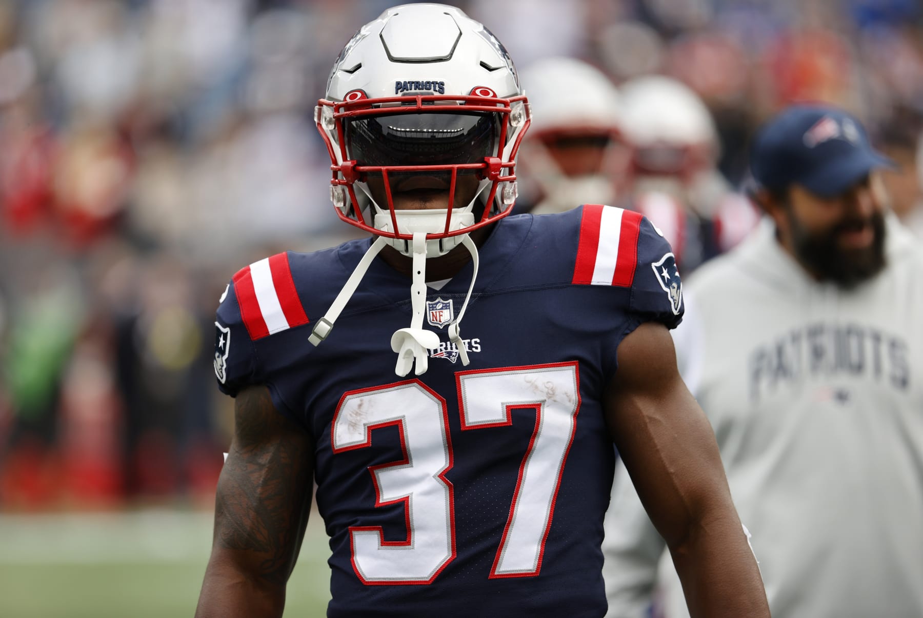 FOXBOROUGH, MA - SEPTEMBER 25: New England Patriots running back Damien Harris (37) in warm up before a game between the New England Patriots and the Baltimore Ravens on September 25, 2022, at Gillette Stadium in Foxborough, Massachusetts. (Photo by Fred Kfoury III/Icon Sportswire via Getty Images)