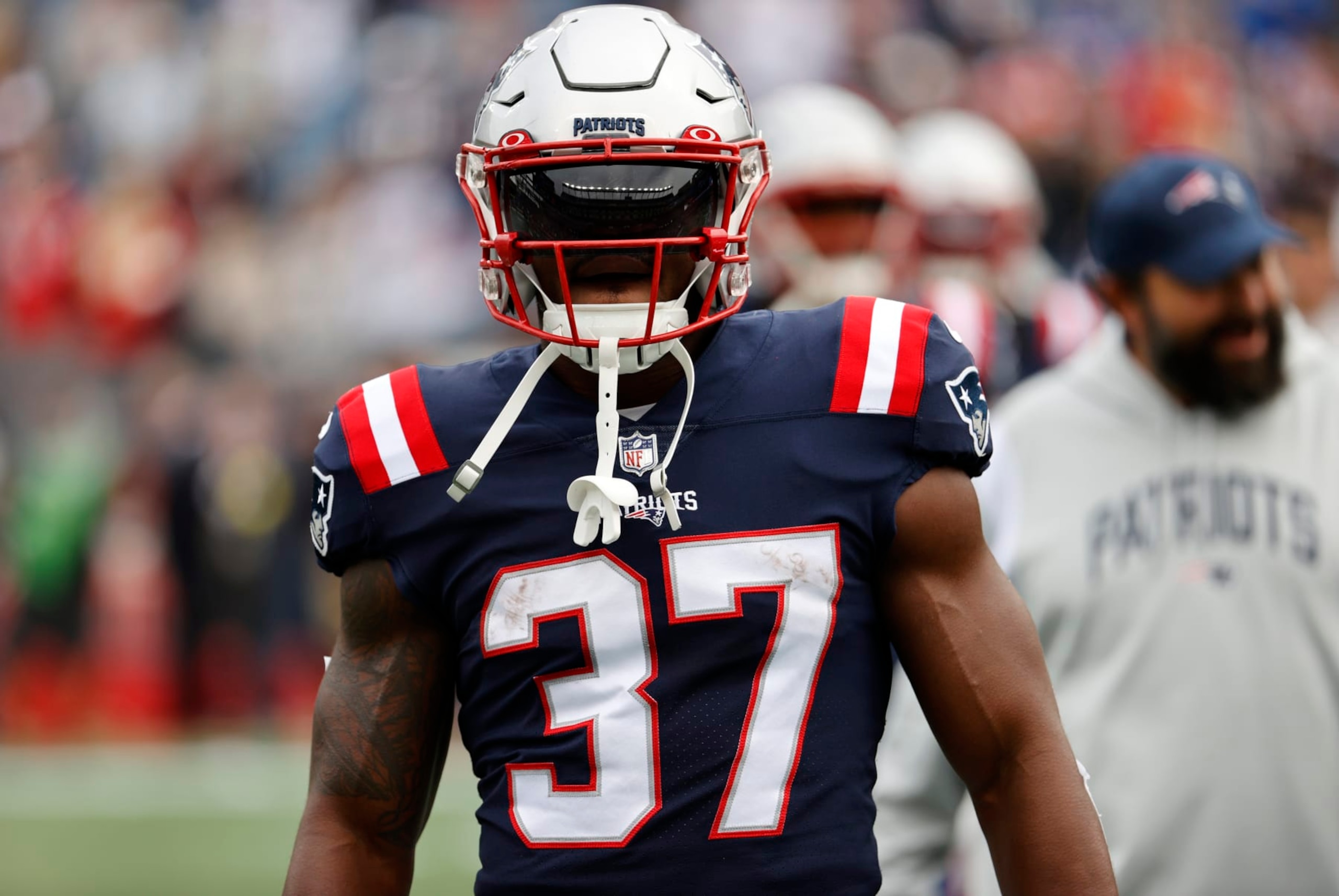 FOXBOROUGH, MA - SEPTEMBER 25: New England Patriots running back Damien Harris (37) in warm up before a game between the New England Patriots and the Baltimore Ravens on September 25, 2022, at Gillette Stadium in Foxborough, Massachusetts. (Photo by Fred Kfoury III/Icon Sportswire via Getty Images)