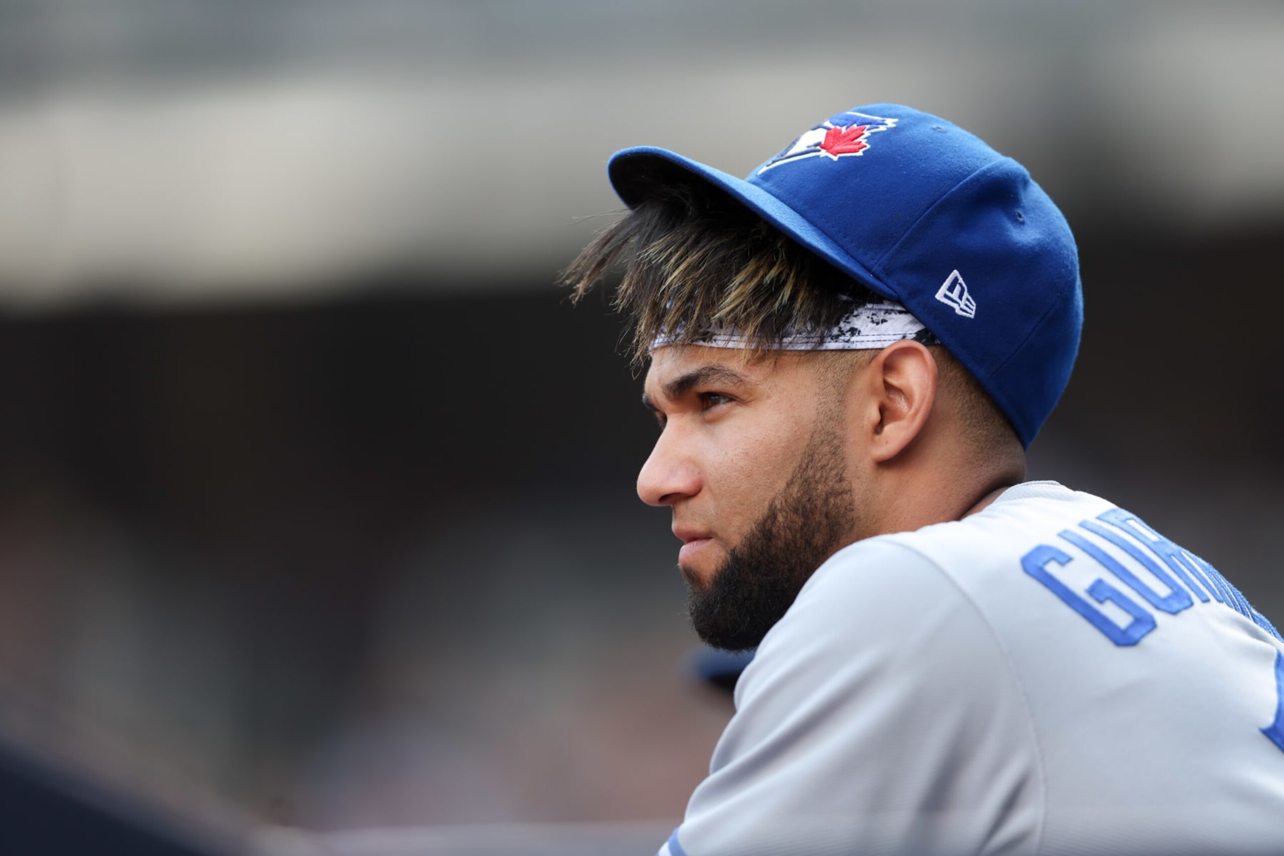 NEW YORK, NY - AUGUST 20:   Lourdes Gurriel Jr. #13 of the Toronto Blue Jays looks on during the game between the Toronto Blue Jays and the New York Yankees at Yankee Stadium on Saturday, August 20, 2022 in New York, New York. (Photo by Rob Tringali/MLB Photos via Getty Images)