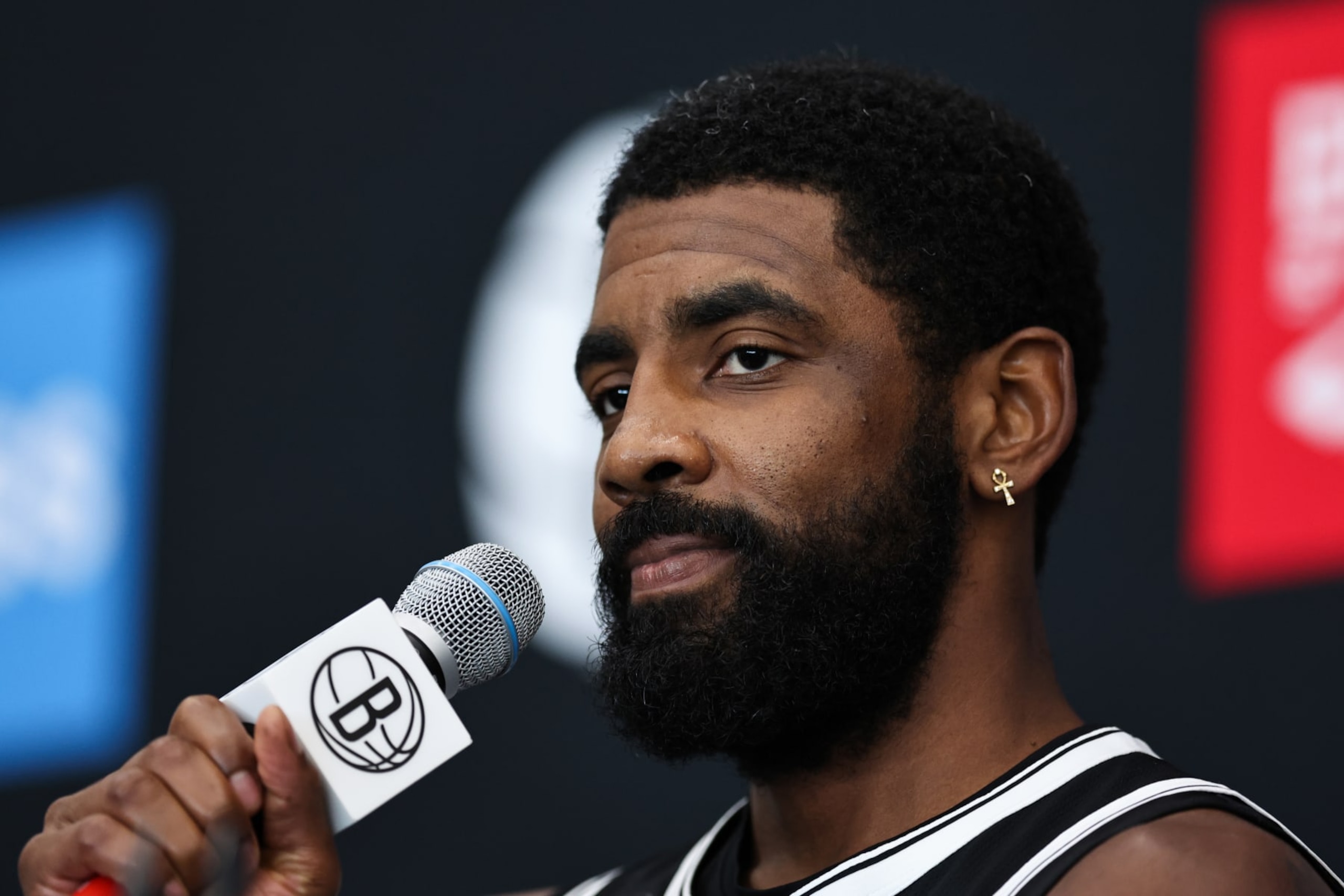 NEW YORK, NEW YORK - SEPTEMBER 26: Kyrie Irving #11 of the Brooklyn Nets speaks during a press conference at Brooklyn Nets Media Day at HSS Training Center on September 26, 2022 in the Brooklyn borough of New York City. NOTE TO USER: User expressly acknowledges and agrees that, by downloading and/or using this photograph, User is consenting to the terms and conditions of the Getty Images License Agreement. (Photo by Dustin Satloff/Getty Images)