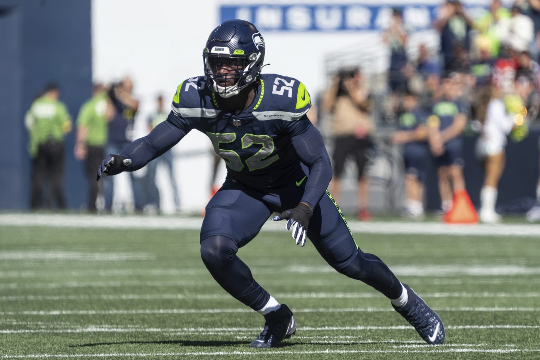 Seattle Seahawks linebacker Darrell Taylor is pictured during an NFL football game against the Atlanta Falcons, Sunday, Sept. 25, 2022, in Seattle. The Falcons won 27-23. (AP Photo/Stephen Brashear)