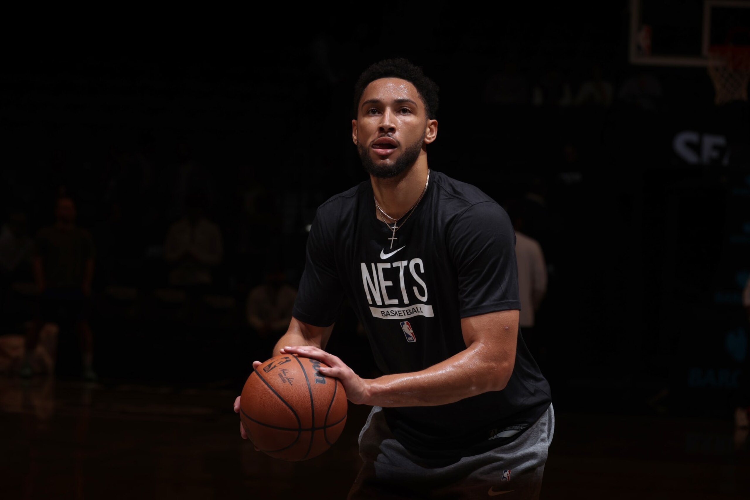 BROOKLYN, NY - OCTOBER 3: Ben Simmons #10 of the Brooklyn Nets warms up before a preseason game against the Philadelphia 76ers on October 3, 2022 at Barclays Center in Brooklyn, New York. NOTE TO USER: User expressly acknowledges and agrees that, by downloading and or using this Photograph, user is consenting to the terms and conditions of the Getty Images License Agreement. Mandatory Copyright Notice: Copyright 2022 NBAE (Photo by Nathaniel S. Butler/NBAE via Getty Images)
