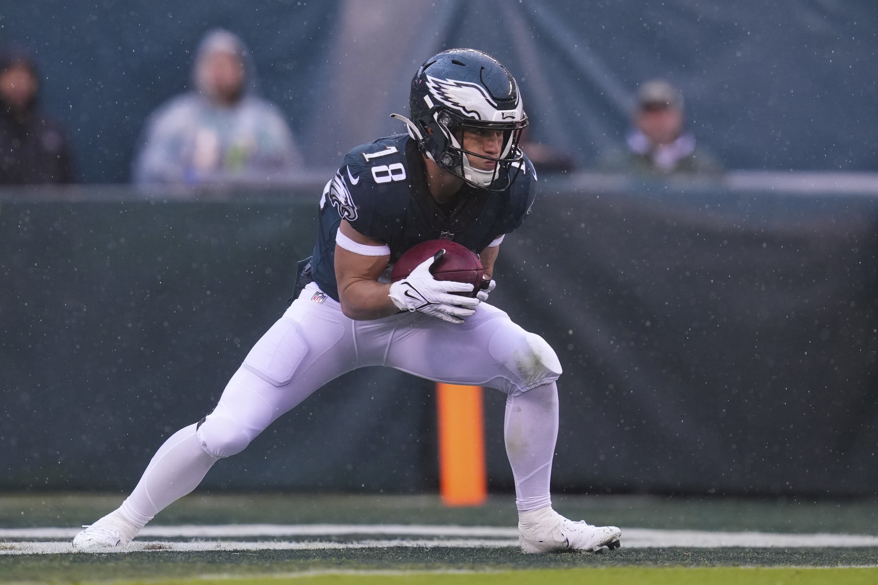 PHILADELPHIA, PA - OCTOBER 02: Britain Covey #18 of the Philadelphia Eagles returns the ball against the Jacksonville Jaguars at Lincoln Financial Field on October 2, 2022 in Philadelphia, Pennsylvania. (Photo by Mitchell Leff/Getty Images)