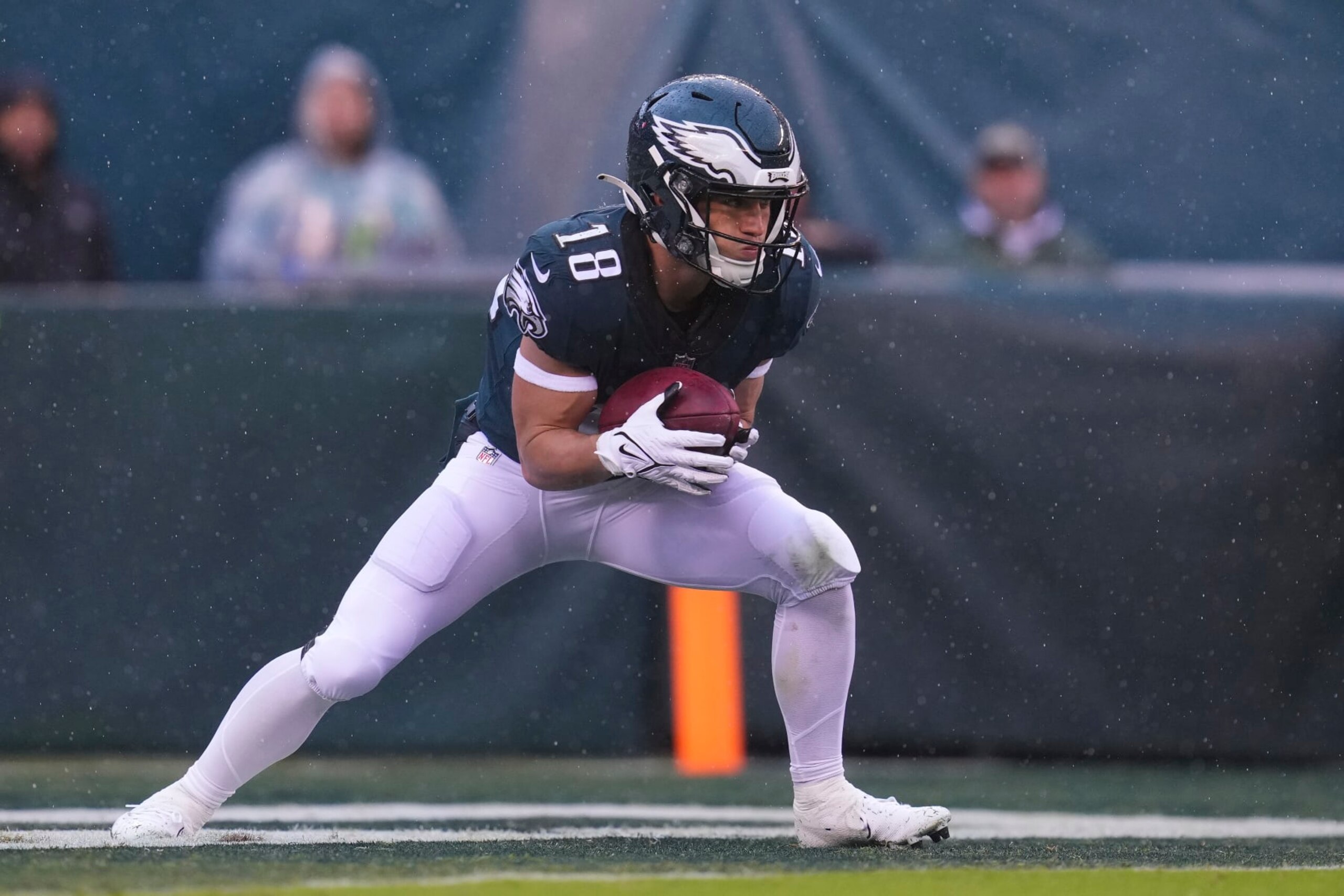PHILADELPHIA, PA - OCTOBER 02: Britain Covey #18 of the Philadelphia Eagles returns the ball against the Jacksonville Jaguars at Lincoln Financial Field on October 2, 2022 in Philadelphia, Pennsylvania. (Photo by Mitchell Leff/Getty Images)