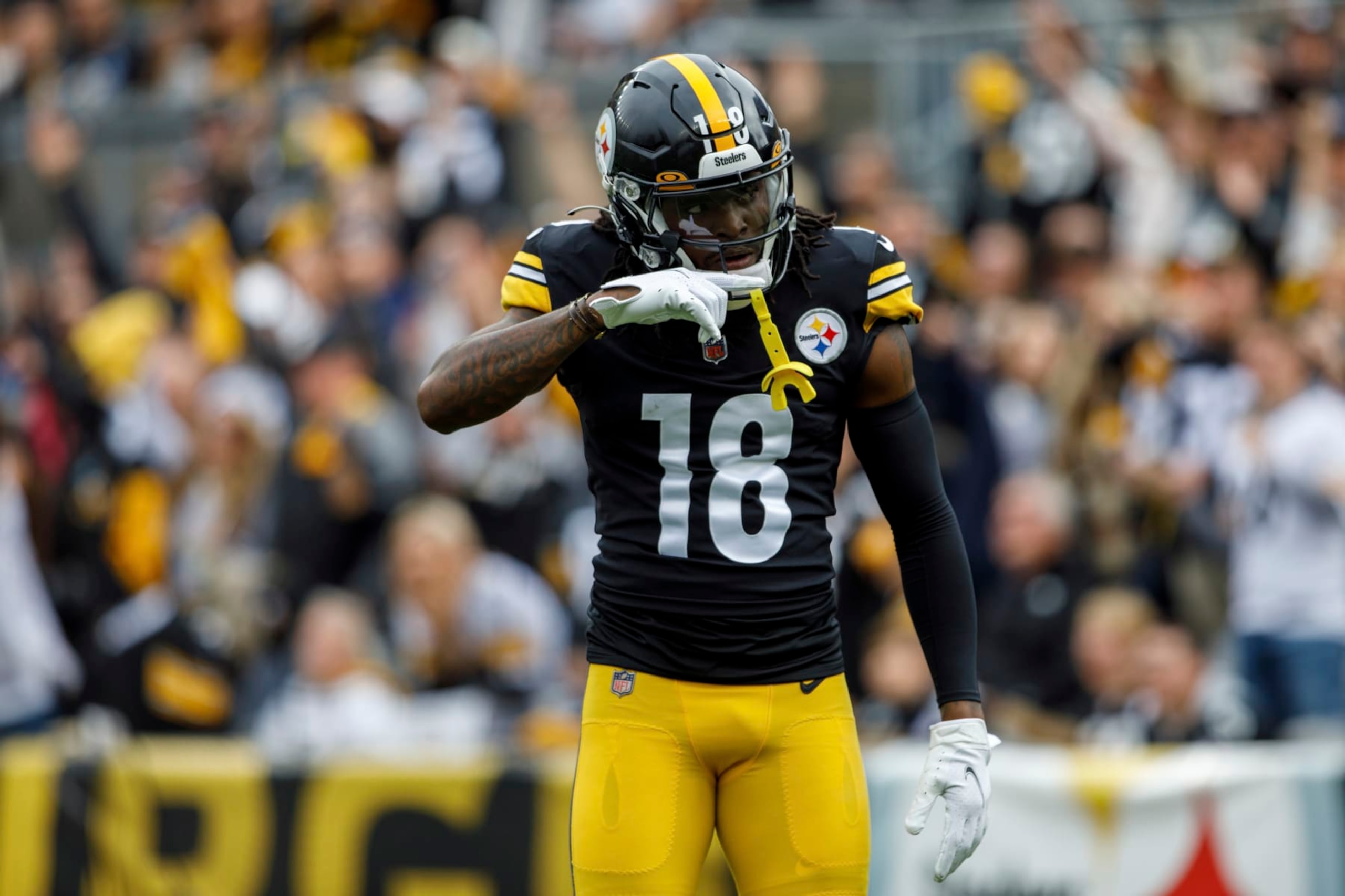 Pittsburgh Steelers wide receiver Diontae Johnson (18) celebrates after watching a replay of a play that was called incomplete during an NFL football game, Sunday, Oct. 2, 2022, in Pittsburgh, PA. (AP Photo/Matt Durisko)