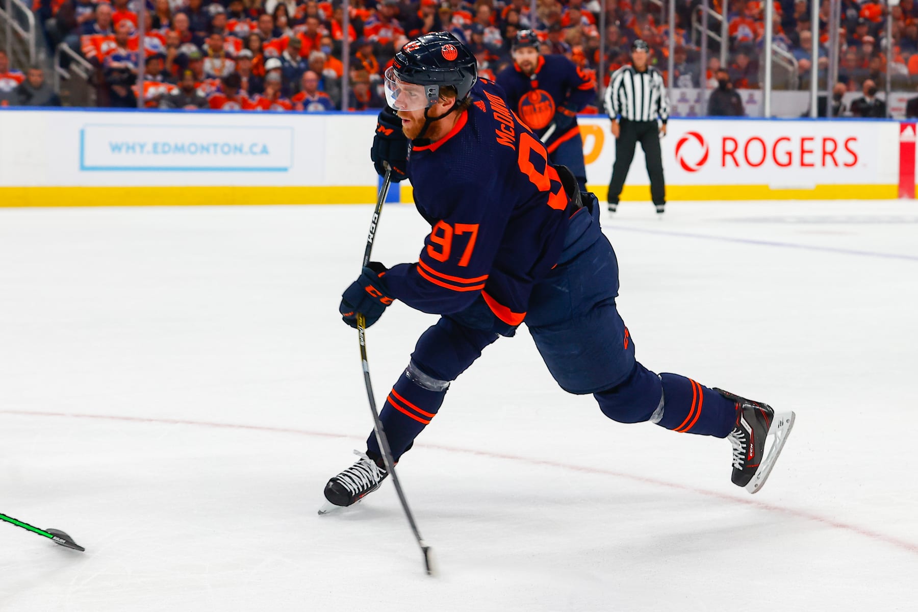 EDMONTON, AB - JUNE 06: Edmonton Oilers Center Connor McDavid (97) takes a shot on net in the first period during the Edmonton Oilers versus the Colorado Avalanche in the Stanley Cup Western Conference Finals, game 4 on June 06, 2022 at Rogers Place in Edmonton, AB. (Photo by Curtis Comeau/Icon Sportswire via Getty Images)