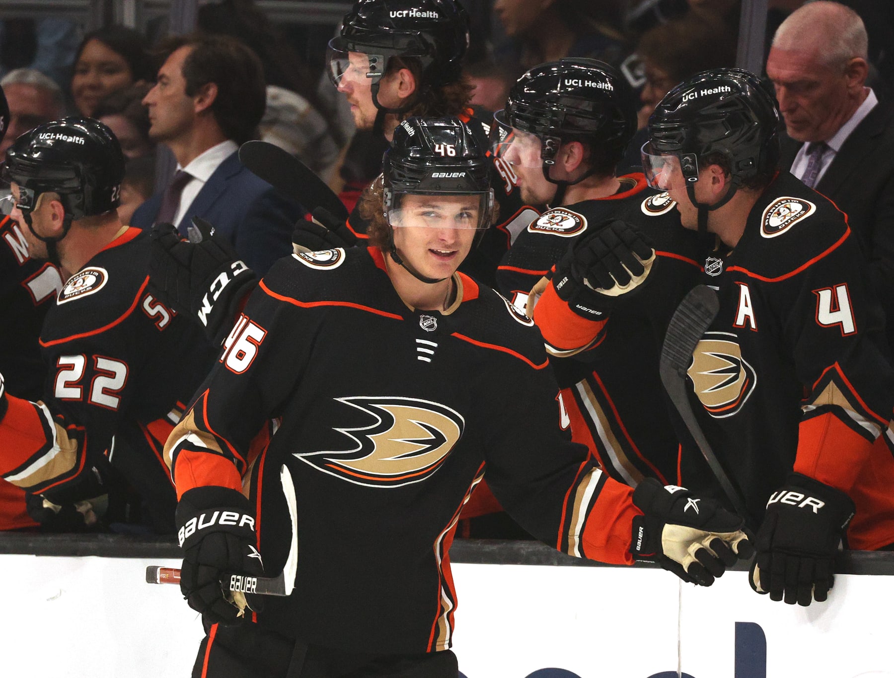 LOS ANGELES, CALIFORNIA - APRIL 23: Trevor Zegras #46 of the Anaheim Ducks celebrates his goal with his bench to tie the game 1-1 with the Los Angeles Kings, during the second period at Crypto.com Arena on April 23, 2022 in Los Angeles, California. (Photo by Harry How/Getty Images)