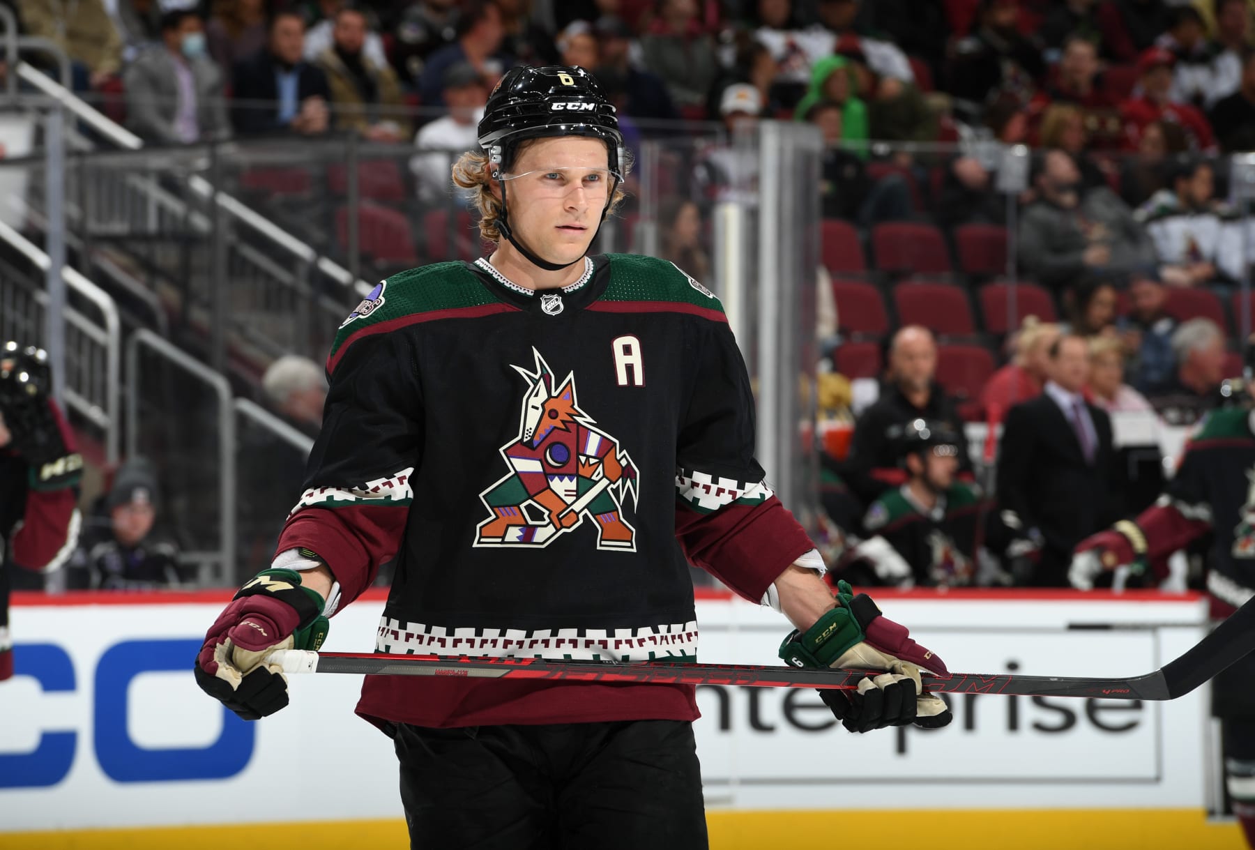 GLENDALE, ARIZONA - FEBRUARY 25: Jakob Chychrun #6 of the Arizona Coyotes gets ready prior to a face off against the Vegas Golden Knights at Gila River Arena on February 25, 2022 in Glendale, Arizona. (Photo by Norm Hall/NHLI via Getty Images)