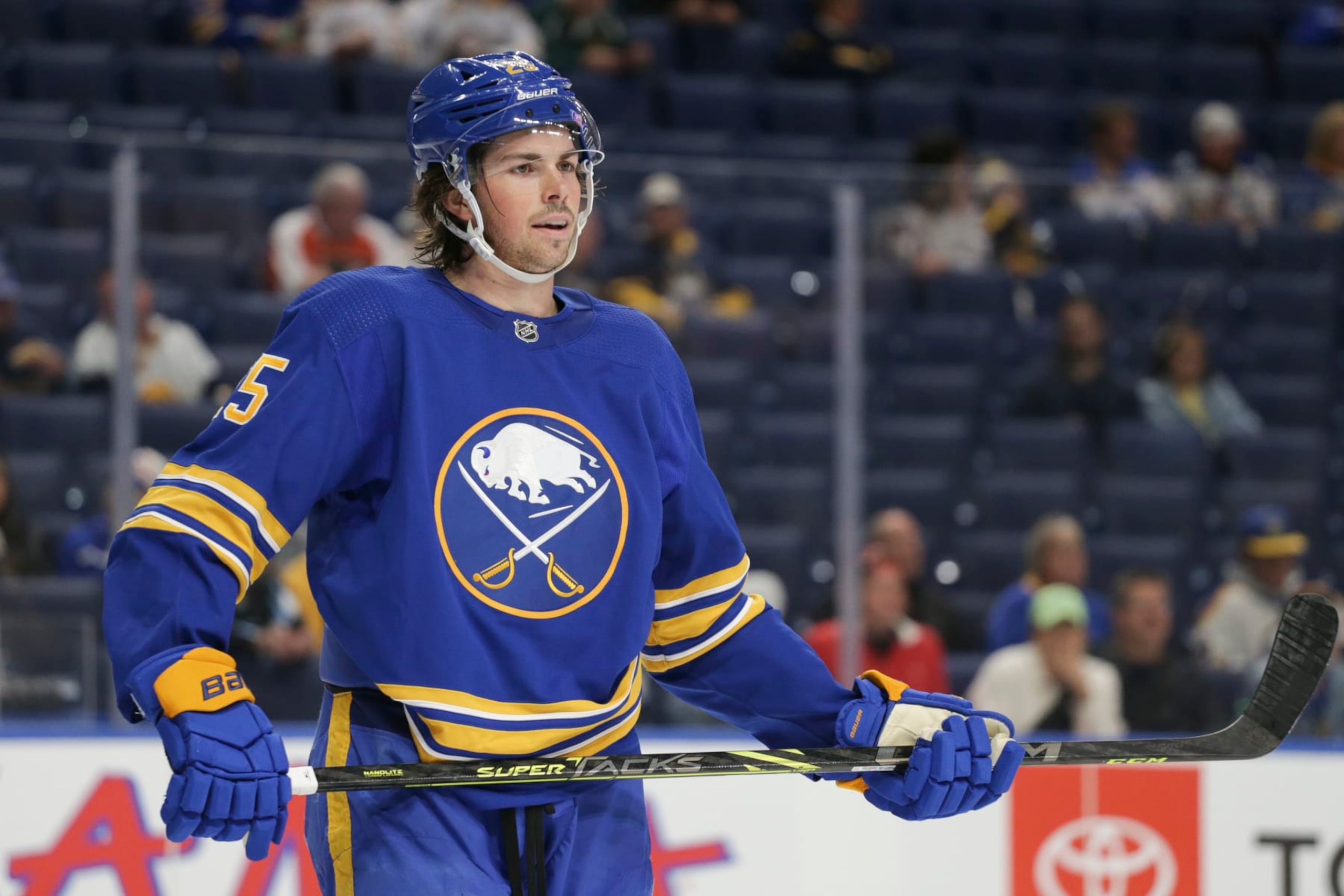 BUFFALO, NEW YORK - SEPTEMBER 27: Owen Power #25 of the Buffalo Sabres looks on during the second period against the Philadelphia Flyers at KeyBank Center on September 27, 2022 in Buffalo, New York. (Photo by Joshua Bessex/Getty Images)