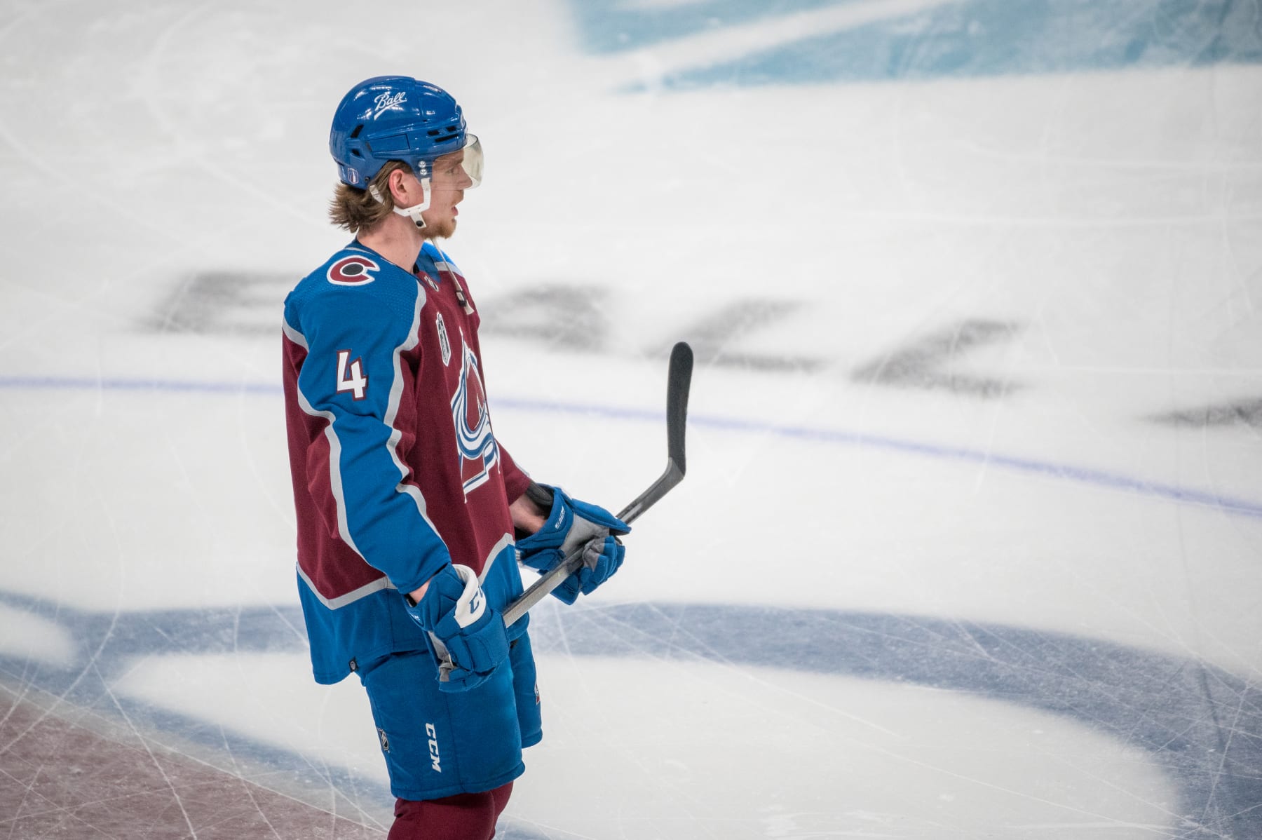 DENVER, CO - JUNE 24: Colorado Avalanche defenseman Bowen Byram (4) looks on during game 5 of the Stanley Cup Finals between the Tampa Bay Lightning and the Colorado Avalanche at Ball Arena in Denver, Colorado, on June 24, 2022. (Photo by Mark Stahl/Icon Sportswire via Getty Images)