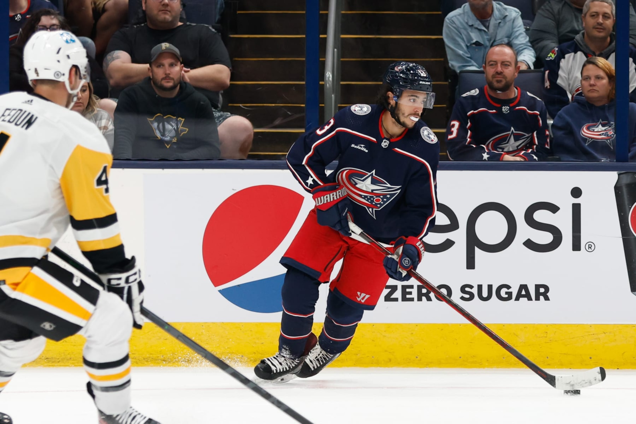 COLUMBUS, OH - SEPTEMBER 25: Columbus Blue Jackets left wing Johnny Gaudreau (13) with the puck during the first period during the preseason game between the Columbus Blue Jackets and the Pittsburgh Penguins on September 24, 2022, at Nationwide Arena in Columbus, Ohio. (Photo by Graham Stokes/Icon Sportswire via Getty Images)