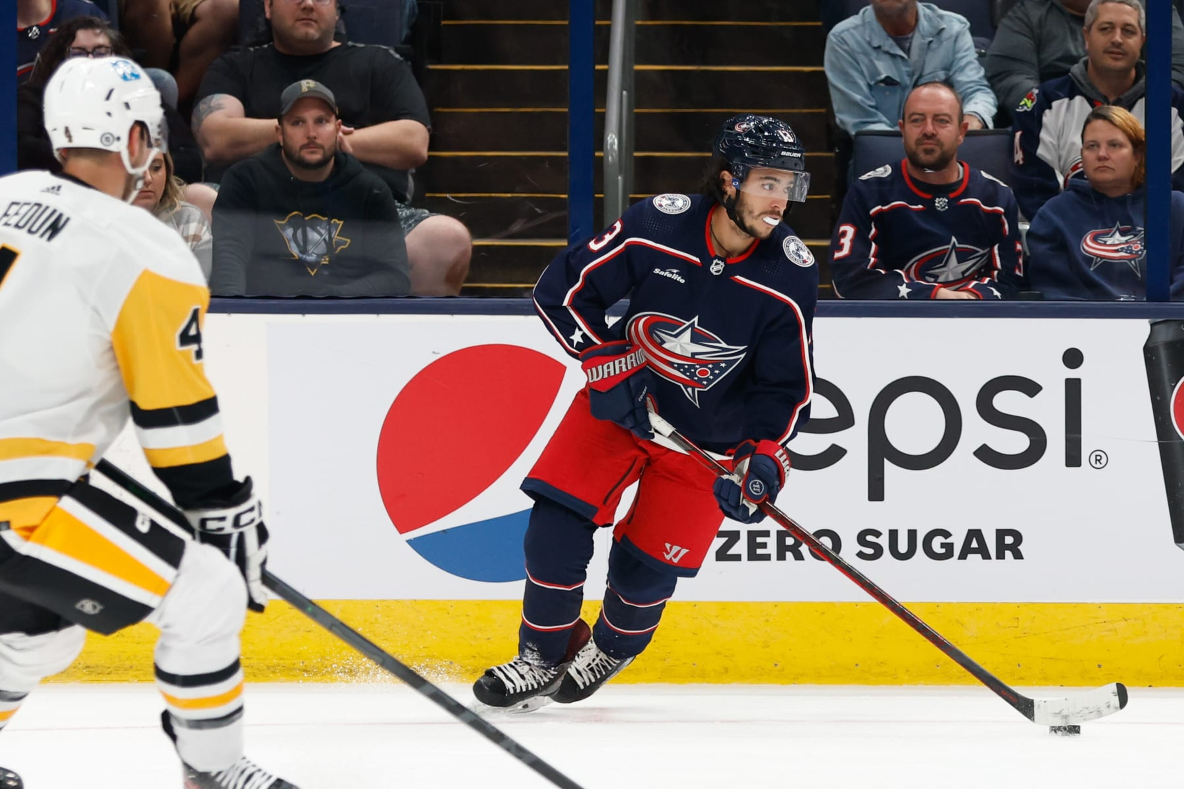 COLUMBUS, OH - SEPTEMBER 25: Columbus Blue Jackets left wing Johnny Gaudreau (13) with the puck during the first period during the preseason game between the Columbus Blue Jackets and the Pittsburgh Penguins on September 24, 2022, at Nationwide Arena in Columbus, Ohio. (Photo by Graham Stokes/Icon Sportswire via Getty Images) COLUMBUS, OH - SEPTEMBER 25: Columbus Blue Jackets left wing Johnny Gaudreau (13) with the puck during the first period during the preseason game between the Columbus Blue Jackets and the Pittsburgh Penguins on September 24, 2022, at Nationwide Arena in Columbus, Ohio. (Photo by Graham Stokes/Icon Sportswire via Getty Images)