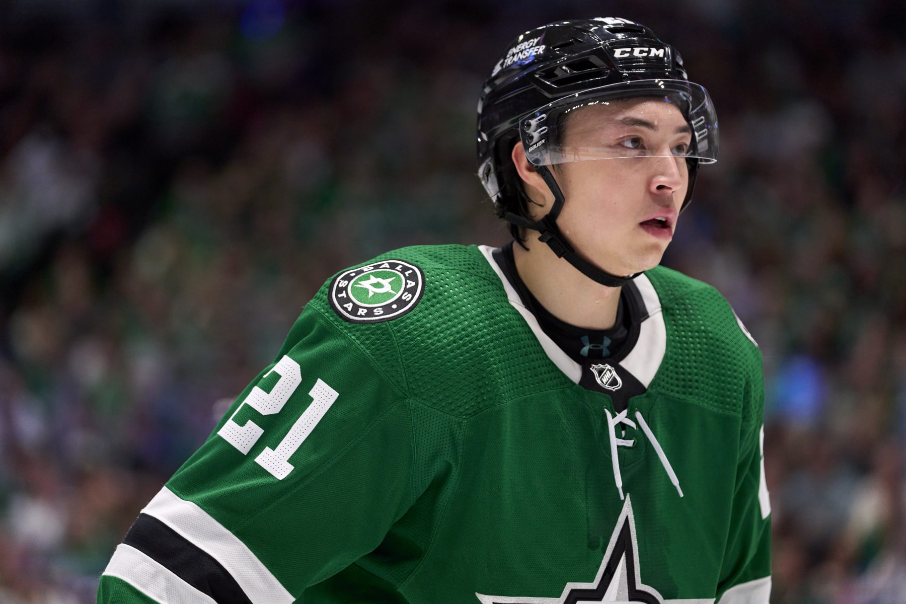 DALLAS, TX - MAY 13:  Jason Robertson #21 of the Dallas Stars looks on against the Calgary Flames during the second period in Game Six of the First Round of the 2022 Stanley Cup Playoffs at American Airlines Center on May 13, 2022 in Dallas, Texas.  (Photo by Cooper Neill/Getty Images)