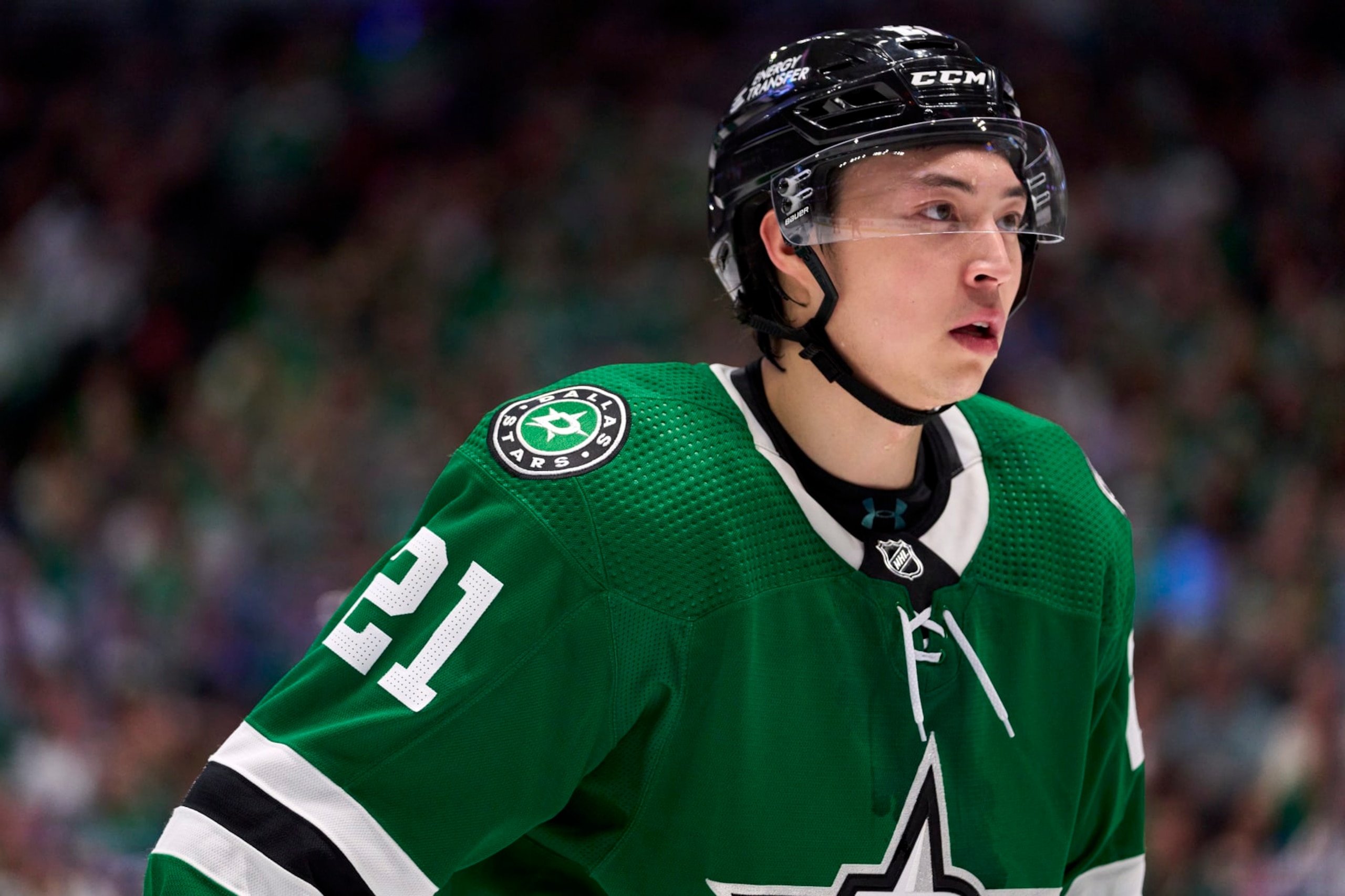 DALLAS, TX - MAY 13:  Jason Robertson #21 of the Dallas Stars looks on against the Calgary Flames during the second period in Game Six of the First Round of the 2022 Stanley Cup Playoffs at American Airlines Center on May 13, 2022 in Dallas, Texas.  (Photo by Cooper Neill/Getty Images)