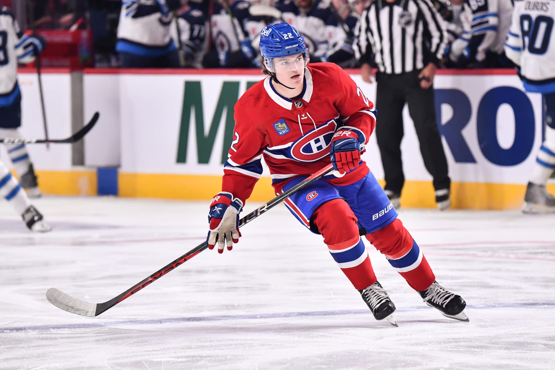 MONTREAL, CANADA - SEPTEMBER 29:  Cole Caufield #22 of the Montreal Canadiens skates against the Winnipeg Jets during the first period at Centre Bell on September 29, 2022 in Montreal, Quebec, Canada.  The Winnipeg Jets defeated the Montreal Canadiens 4-3.  (Photo by Minas Panagiotakis/Getty Images)