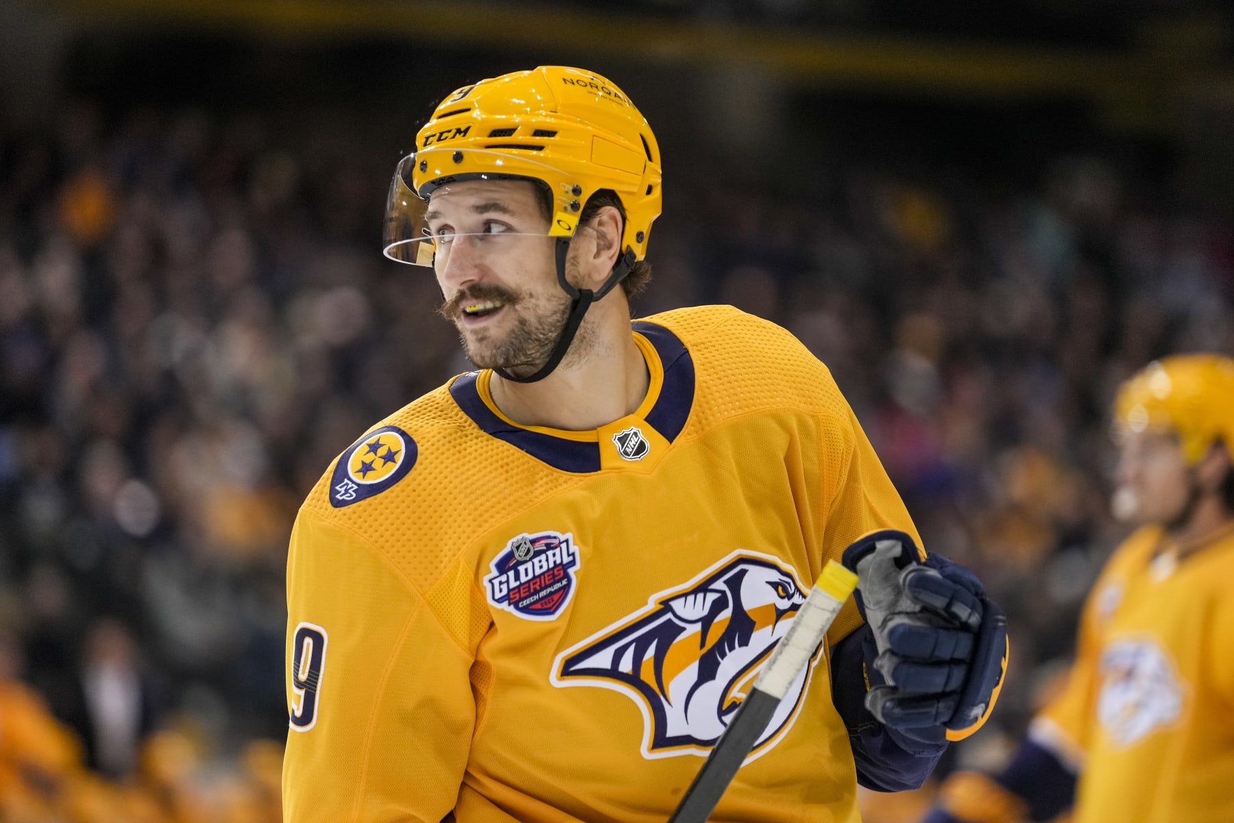 BERN, SWITZERLAND - OCTOBER 03: Filip Forsberg #9 of the Nashville Predators looks on during the 2022 NHL Global Series Challenge Switzerland against SC Bern at PostFinance Arena on October 3, 2022 in Bern, Switzerland. (Photo by Jari Pestelacci/Eurasia Sport Images/Getty Images)