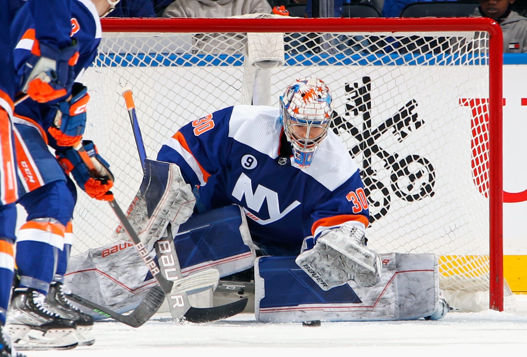 ELMONT, NEW YORK - MARCH 27: Ilya Sorokin #30 of the New York Islanders makes the second period save against the Tampa Bay Lightning  at the UBS Arena on March 27, 2022 in Elmont, New York. (Photo by Bruce Bennett/Getty Images)