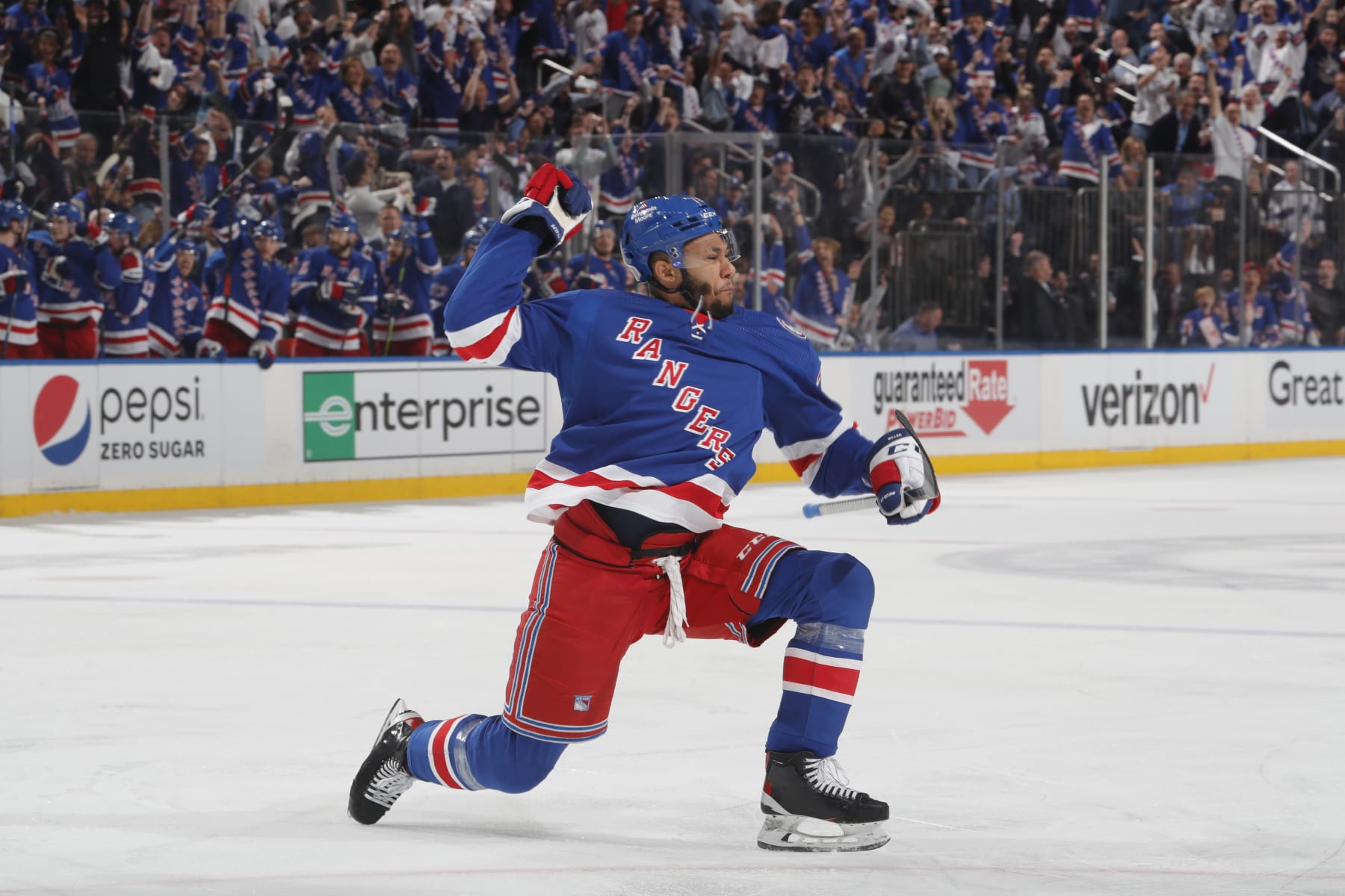 NEW YORK, NY - JUNE 03: K'Andre Miller #79 of the New York Rangers reacts after scoring a goal during the first period in Game Two of the Eastern Conference Final of the 2022 Stanley Cup Playoffs against the Tampa Bay Lightning at Madison Square Garden on June 3, 2022 in New York City. (Photo by Jared Silber/NHLI via Getty Images)