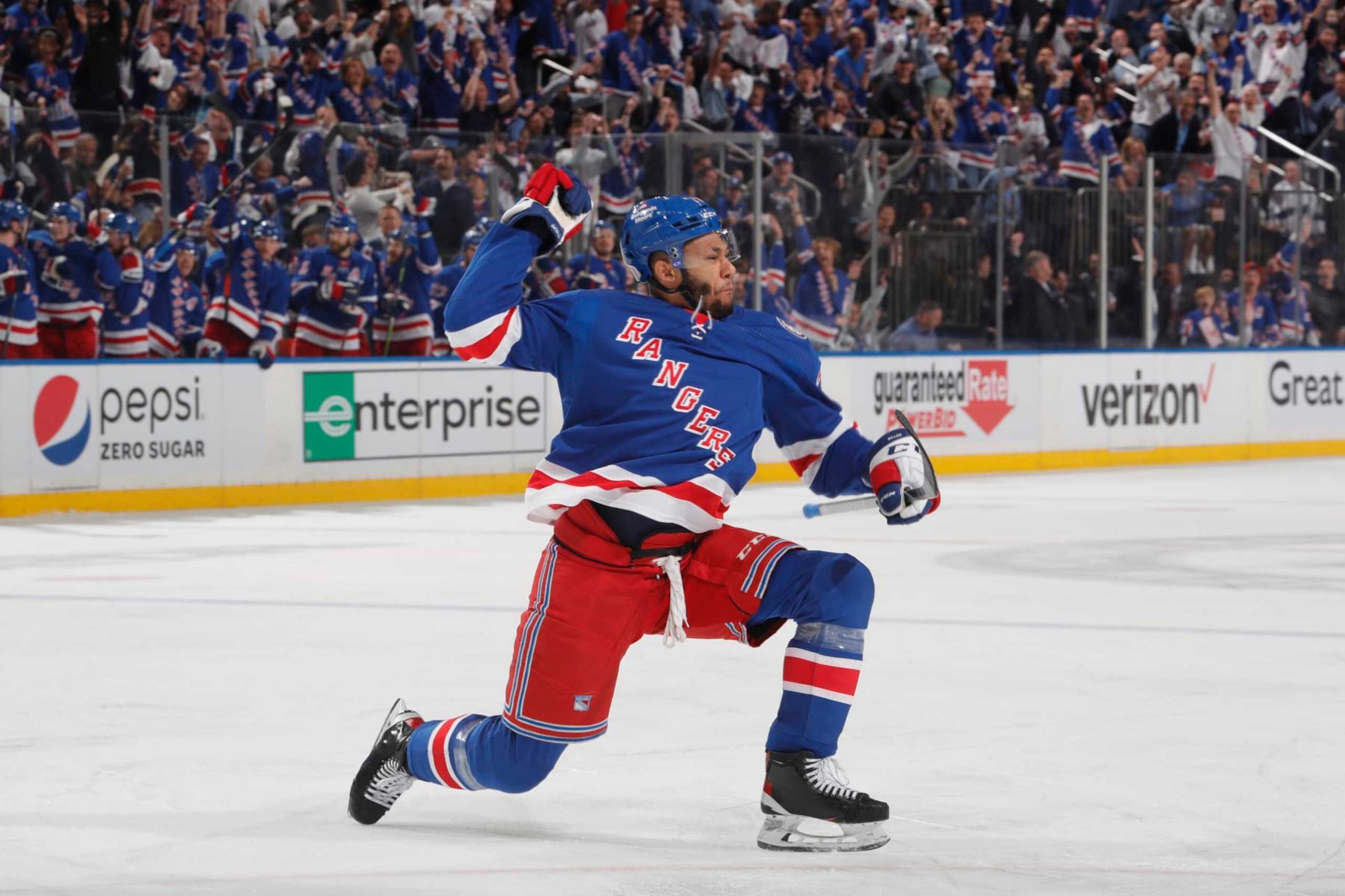 NEW YORK, NY - JUNE 03: K'Andre Miller #79 of the New York Rangers reacts after scoring a goal during the first period in Game Two of the Eastern Conference Final of the 2022 Stanley Cup Playoffs against the Tampa Bay Lightning at Madison Square Garden on June 3, 2022 in New York City. (Photo by Jared Silber/NHLI via Getty Images)