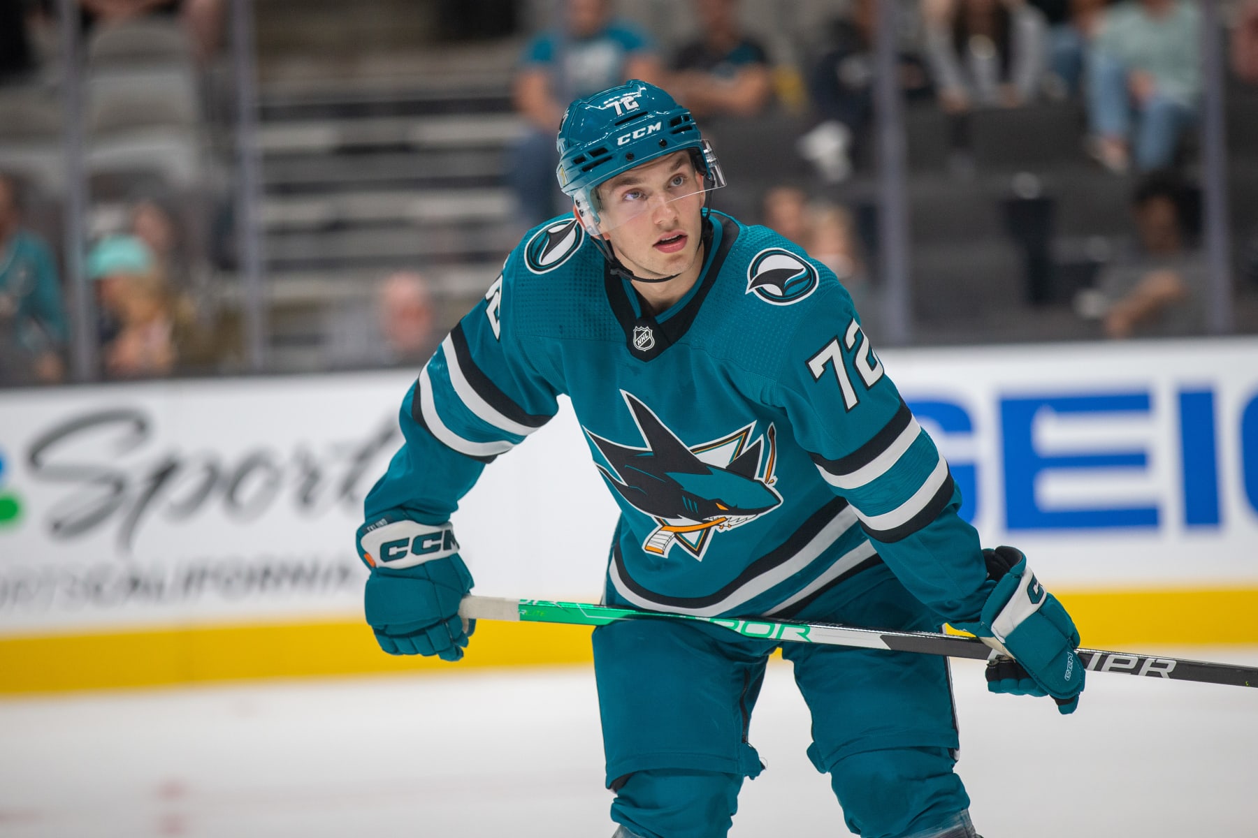 SAN JOSE, CA - SEPTEMBER 25: San Jose Sharks Left Wing William Eklund (72) during the third period of a preseason NHL hockey game between the Los Angeles Kings and the San Jose Sharks on September 25, 2022, at SAP Center, in San Jose, CA. (Photo by Tony Ding/Icon Sportswire via Getty Images)