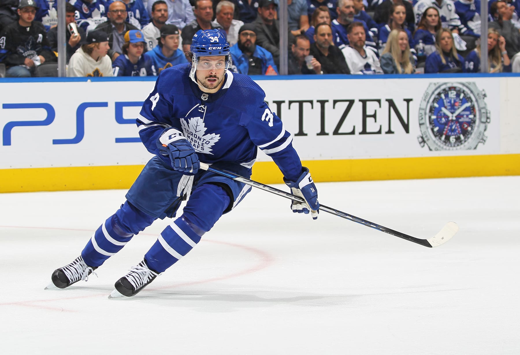 TORONTO, ON - MAY 14:  Auston Matthews #34 of the Toronto Maple Leafs skates against the Tampa Bay Lightning during Game Seven of the First Round of the 2022 Stanley Cup Playoffs at Scotiabank Arena on May 14, 2022 in Toronto, Ontario, Canada. ( Photo by Claus Andersen/Getty images)