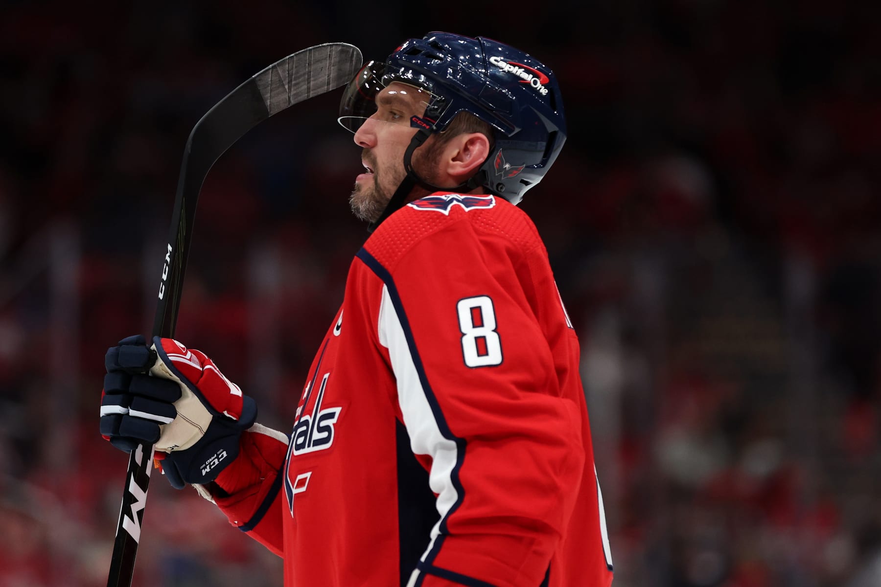 WASHINGTON, DC - MAY 13: Alex Ovechkin #8 of the Washington Capitals looks on against the Florida Panthers during the second period in Game Six of the First Round of the 2022 Stanley Cup Playoffs at Capital One Arena on May 13, 2022 in Washington, DC. (Photo by Patrick Smith/Getty Images)