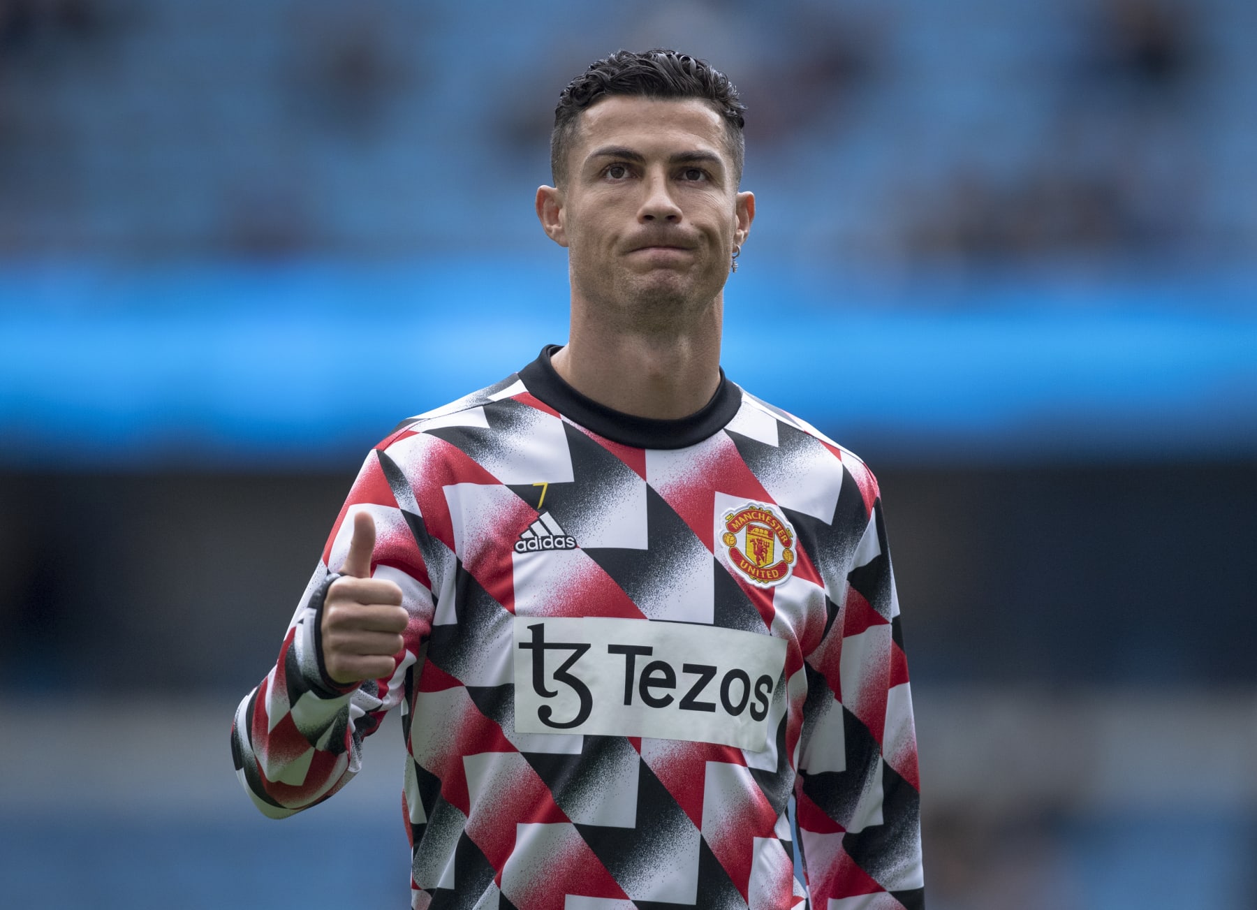 MANCHESTER, ENGLAND - OCTOBER 02: Cristiano Ronaldo of Manchester United warms up before the Premier League match between Manchester City and Manchester United at Etihad Stadium on October 2, 2022 in Manchester, United Kingdom. (Photo by Visionhaus/Getty Images)
