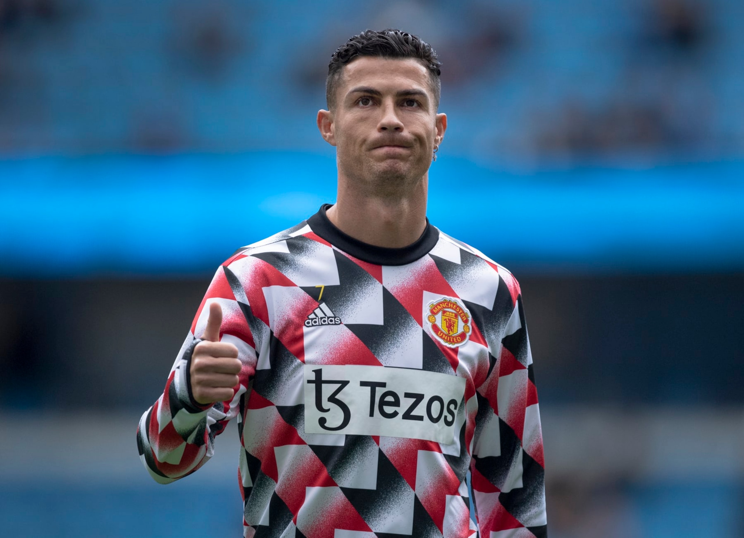 MANCHESTER, ENGLAND - OCTOBER 02: Cristiano Ronaldo of Manchester United warms up before the Premier League match between Manchester City and Manchester United at Etihad Stadium on October 2, 2022 in Manchester, United Kingdom. (Photo by Visionhaus/Getty Images)