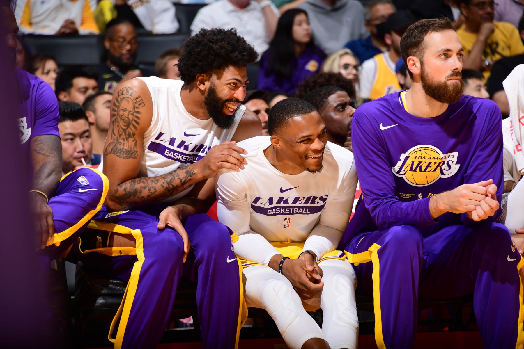 LOS ANGELES, CA - OCTOBER 3: Anthony Davis #3 and Russell Westbrook #0 of the Los Angeles Lakers sit on the bench during a preseason game against the Sacramento Kings on October 3, 2022 at Crypto.com Arena in Los Angeles, California. NOTE TO USER: User expressly acknowledges and agrees that, by downloading and/or using this Photograph, user is consenting to the terms and conditions of the Getty Images License Agreement. Mandatory Copyright Notice: Copyright 2022 NBAE (Photo by Adam Pantozzi/NBAE via Getty Images)