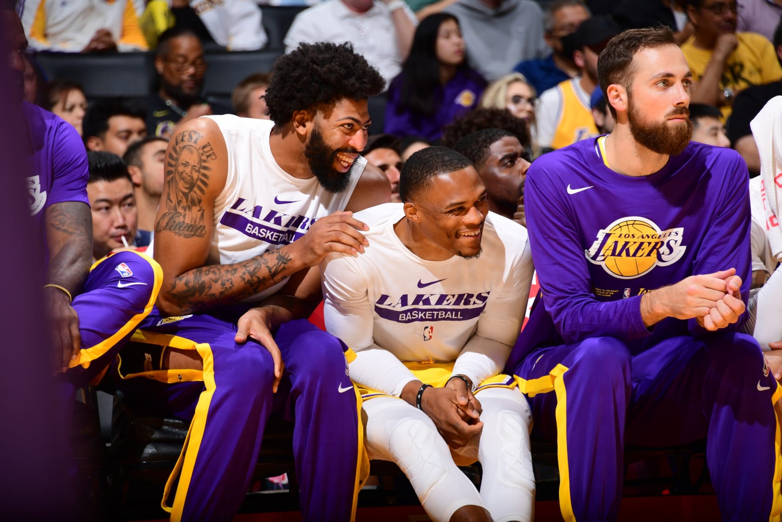 LOS ANGELES, CA - OCTOBER 3: Anthony Davis #3 and Russell Westbrook #0 of the Los Angeles Lakers sit on the bench during a preseason game against the Sacramento Kings on October 3, 2022 at Crypto.com Arena in Los Angeles, California. NOTE TO USER: User expressly acknowledges and agrees that, by downloading and/or using this Photograph, user is consenting to the terms and conditions of the Getty Images License Agreement. Mandatory Copyright Notice: Copyright 2022 NBAE (Photo by Adam Pantozzi/NBAE via Getty Images)