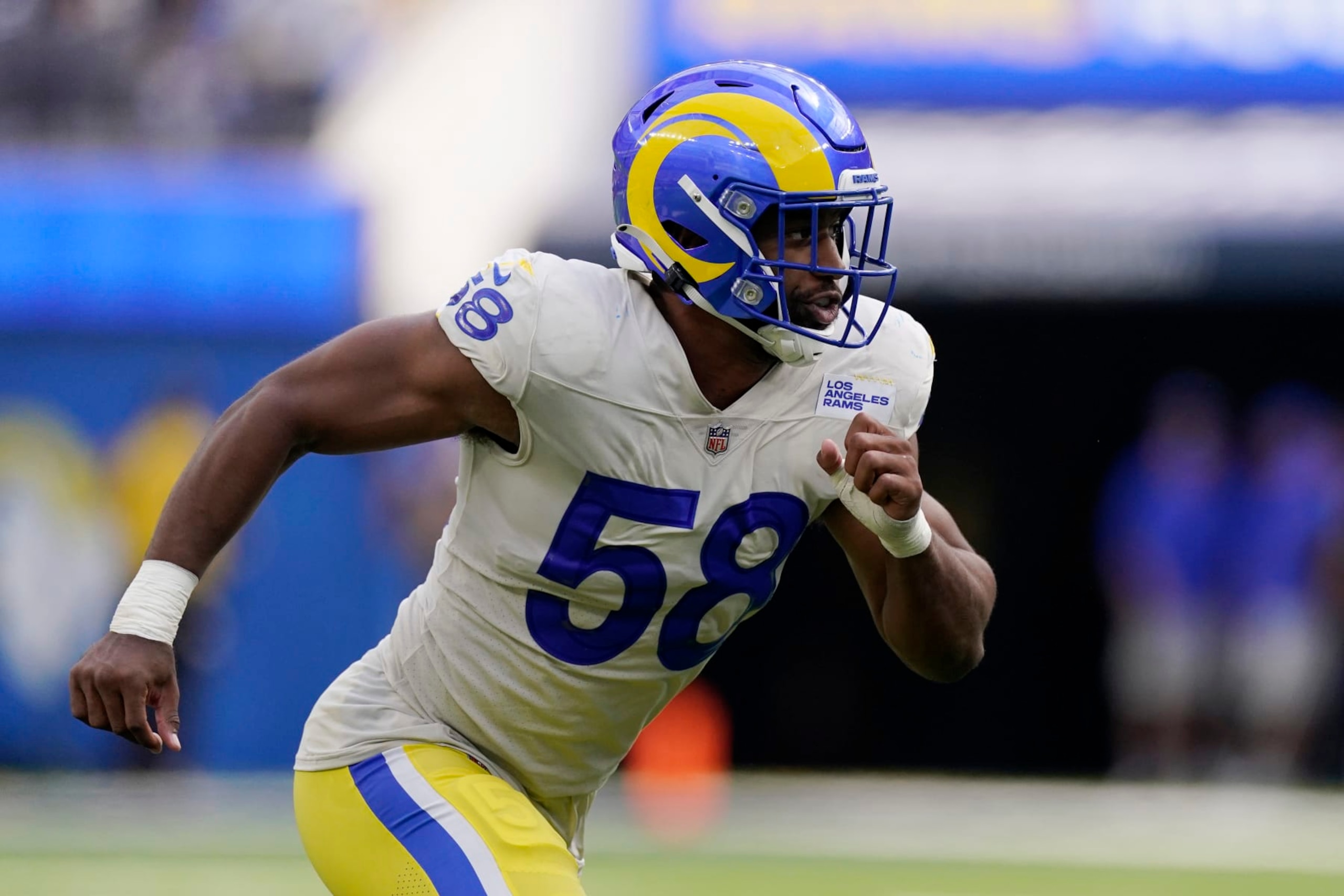 Los Angeles Rams linebacker Justin Hollins runs a play during an NFL football game against the Atlanta Falcons Sunday, Sept. 18, 2022, in Inglewood, Calif. (AP Photo/Mark J. Terrill)