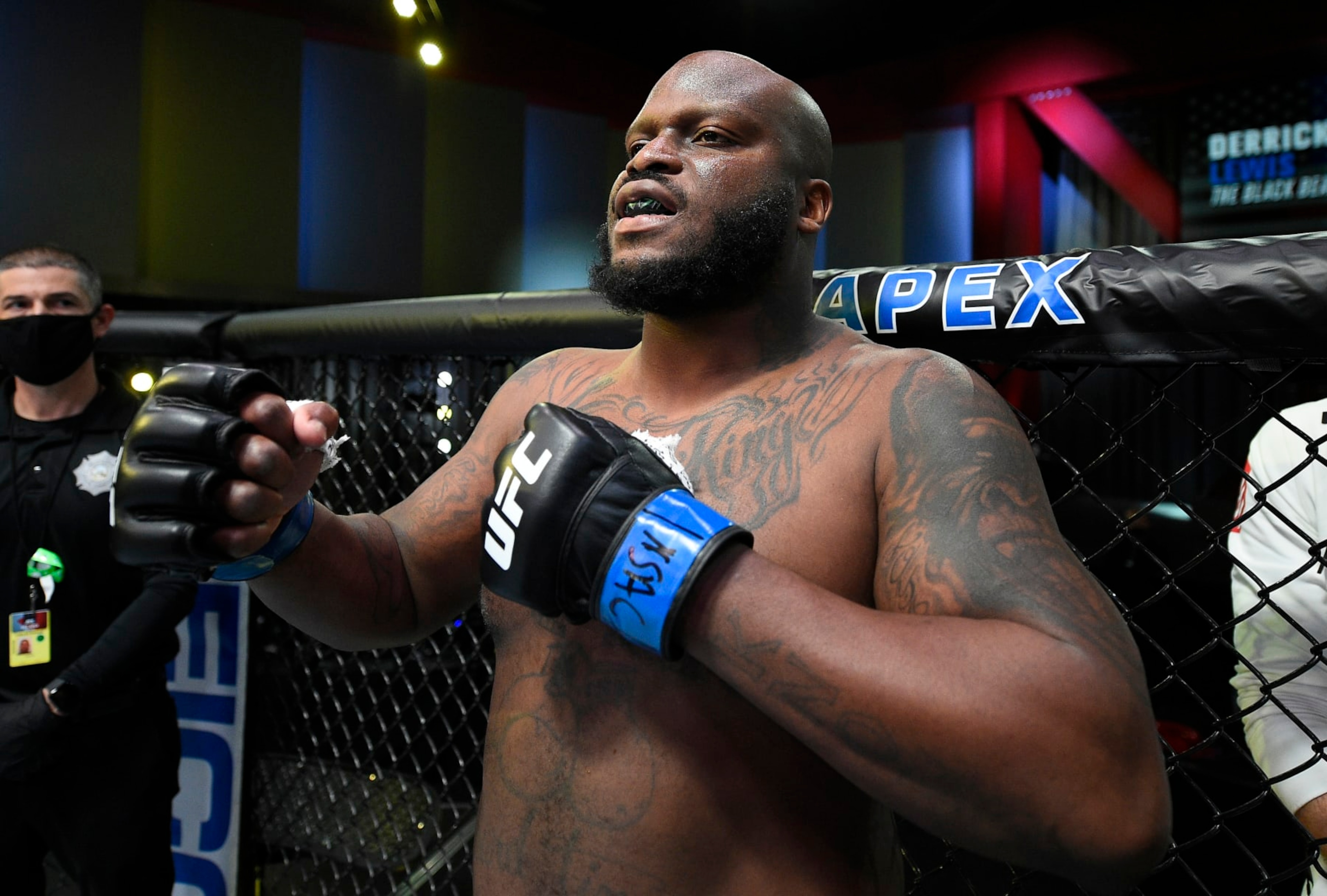 LAS VEGAS, NEVADA - FEBRUARY 20: Derrick Lewis prepares to fight Curtis Blaydes in a heavyweight bout during the UFC Fight Night event at UFC APEX on February 20, 2021 in Las Vegas, Nevada. (Photo by Chris Unger/Zuffa LLC)