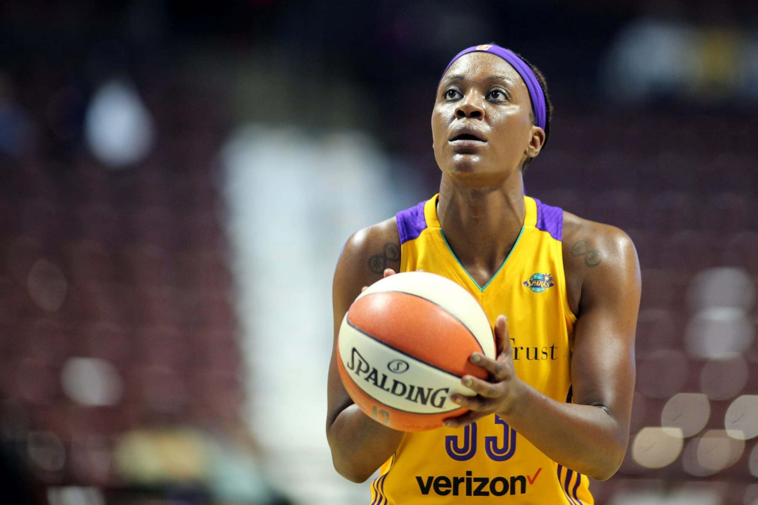 UNCASVILLE, CONNECTICUT- May 2:  Tiffany Jackson-Jones #33 of the Los Angeles Sparks in action during the Los Angeles Sparks Vs New York Liberty, WNBA pre season game at Mohegan Sun Arena on May 2, 2017 in Uncasville, Connecticut. (Photo by Tim Clayton/Corbis via Getty Images)