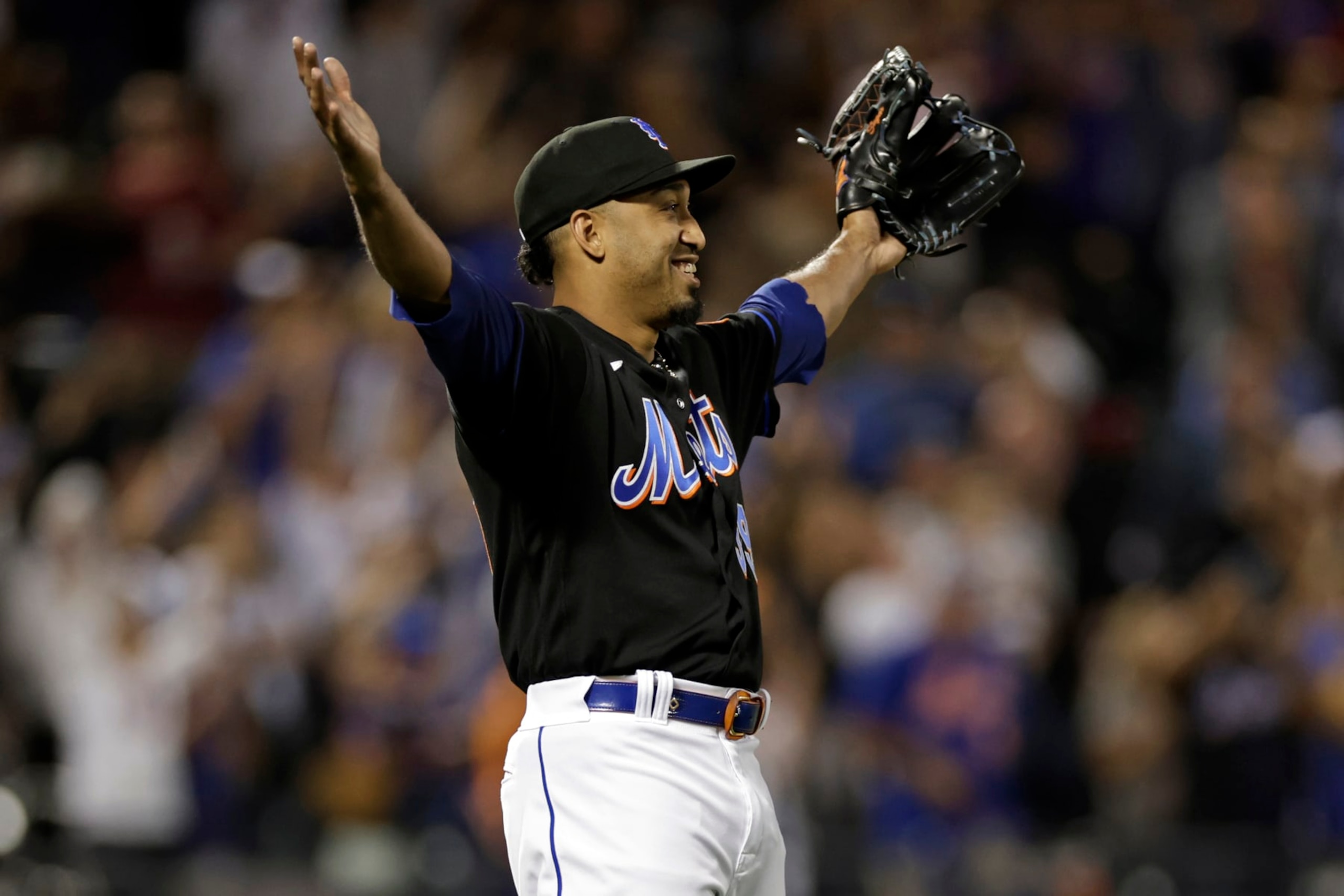 NEW YORK, NY - SEPTEMBER 16: Edwin Diaz #39 of the New York Mets reacts after the final out during the ninth inning against the Pittsburgh Pirates at Citi Field on September 16, 2022 in the Queens borough of New York City. The Mets won 4-3. (Photo by Adam Hunger/Getty Images)