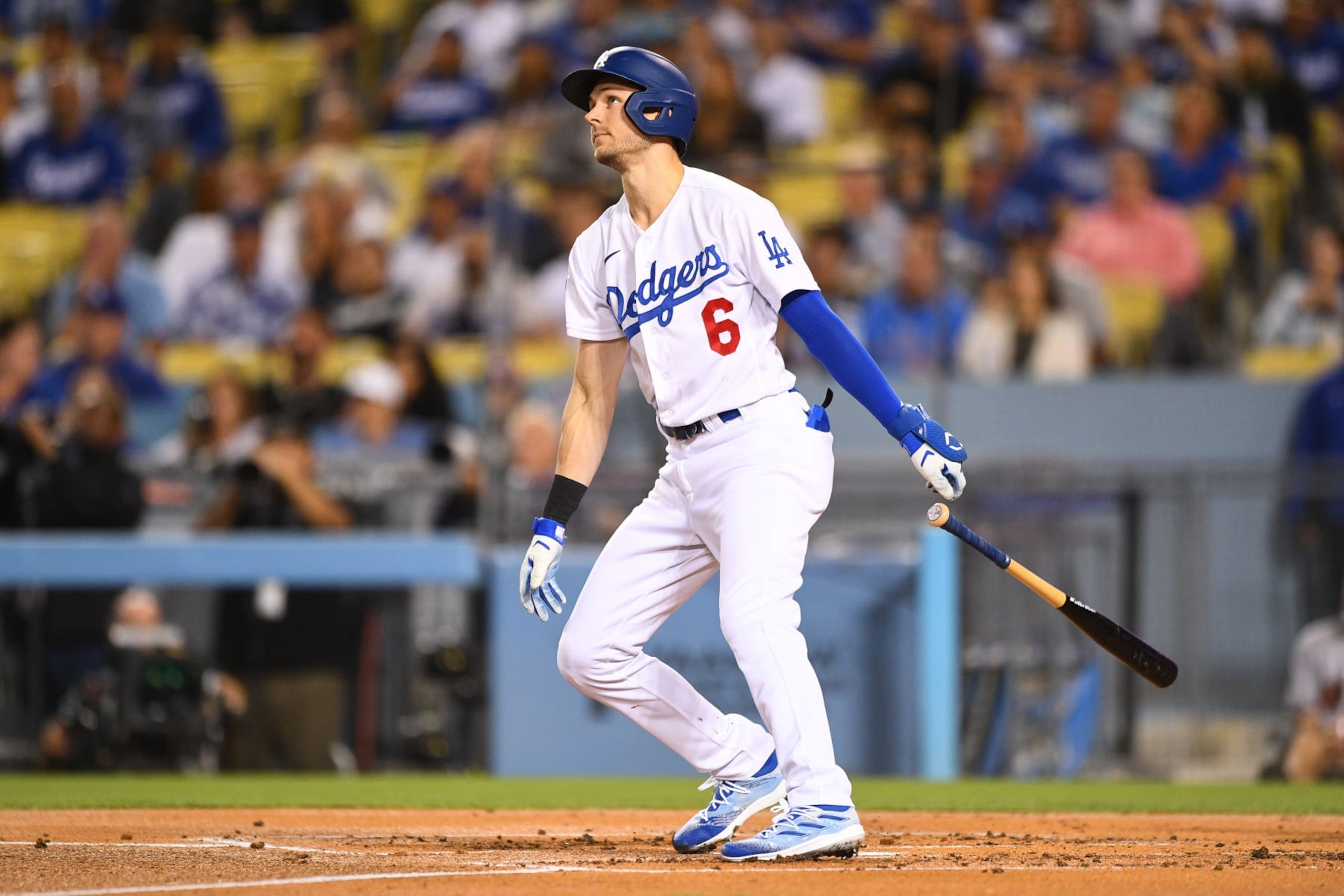 LOS ANGELES, CA - SEPTEMBER 21: Los Angeles Dodgers shortstop Trea Turner (6) swings at a pitch during the MLB game between the Arizona Diamondbacks and the Los Angeles Dodgers on September 21, 2022 at Dodger Stadium in Los Angeles, CA. (Photo by Brian Rothmuller/Icon Sportswire via Getty Images)