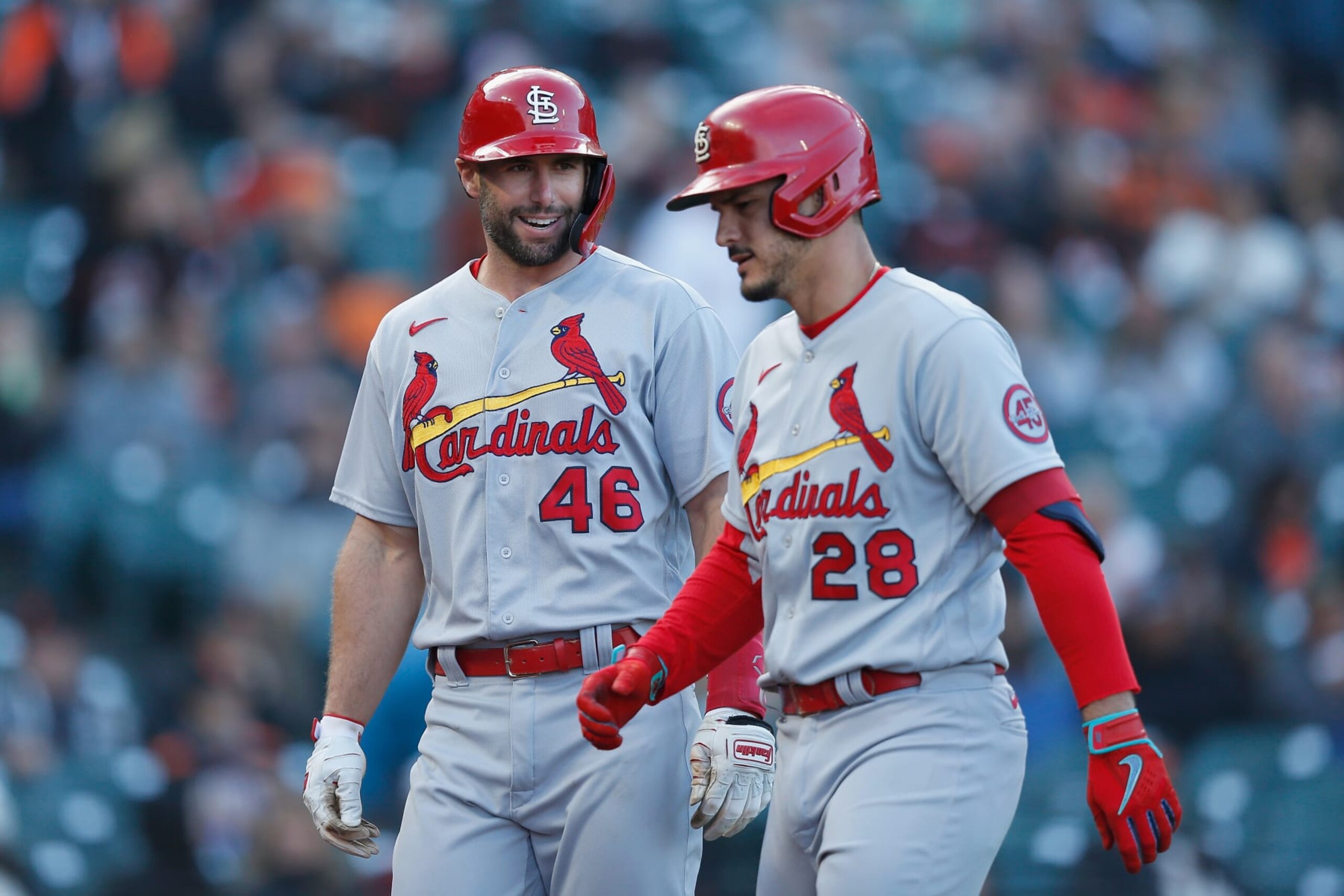 SAN FRANCISCO, CALIFORNIA - JULY 06: Nolan Arenado #28 of the St. Louis Cardinals celebrates his two-run home run with Paul Goldschmidt #46 in the top of the first inning against the San Francisco Giants at Oracle Park on July 06, 2021 in San Francisco, California. (Photo by Lachlan Cunningham/Getty Images)