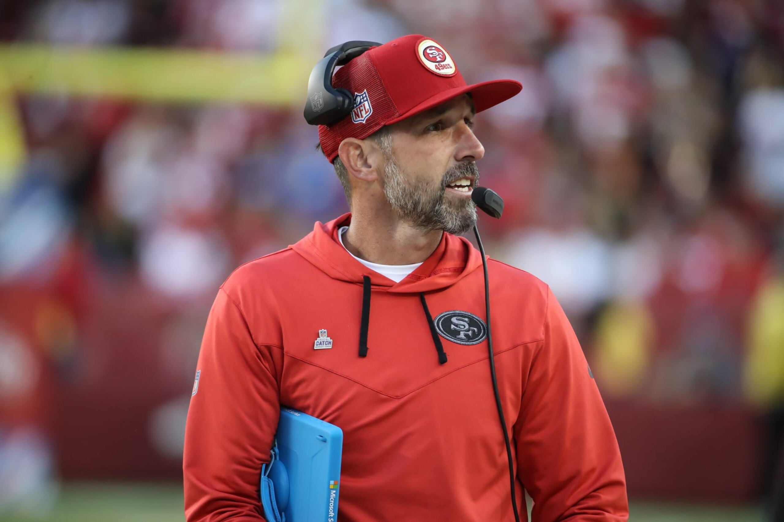 SANTA CLARA, CA - OCTOBER 03 San Francisco 49ers head coach Kyle Shanahan during the NFL game between the Los Angeles Rams and the San Francisco 49ers on October 03, 2022, at Levi's Stadium in Santa Clara, CA. (Photo by Jevone Moore/Icon Sportswire via Getty Images)