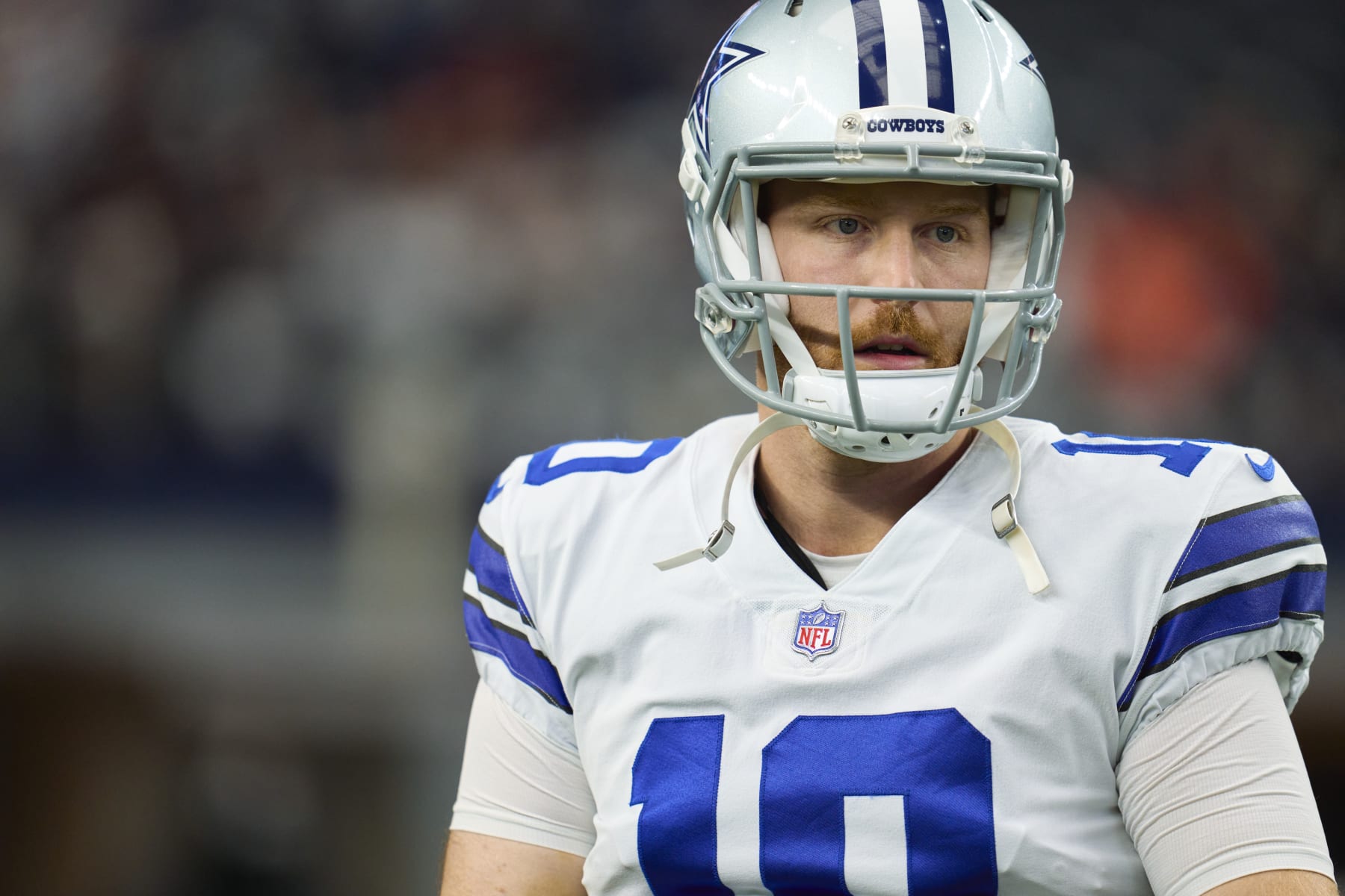 ARLINGTON, TX - OCTOBER 02: Cooper Rush #10 of the Dallas Cowboys warms up before kickoff against the Washington Commanders at AT&T Stadium on October 2, 2022 in Arlington, Texas. (Photo by Cooper Neill/Getty Images)