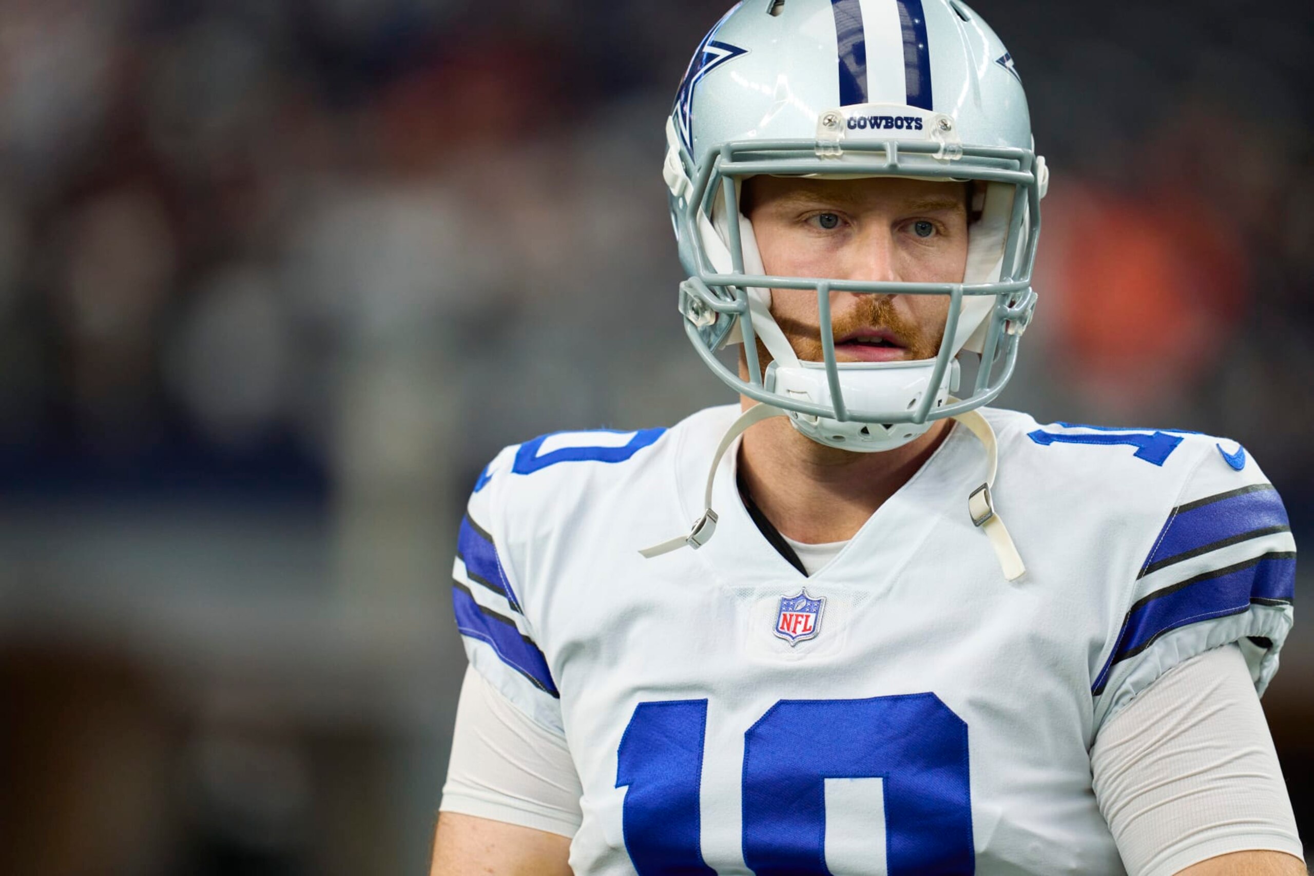 ARLINGTON, TX - OCTOBER 02: Cooper Rush #10 of the Dallas Cowboys warms up before kickoff against the Washington Commanders at AT&T Stadium on October 2, 2022 in Arlington, Texas. (Photo by Cooper Neill/Getty Images)